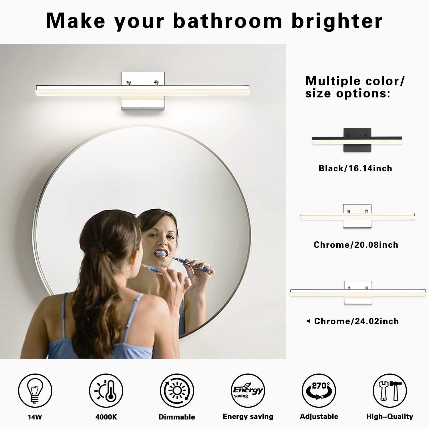 7Degobii 24in Bathroom Vanity Light Dimmable 14W LED Chrome Fixture - Model 7410-9W-BK, Adjustable 4000K