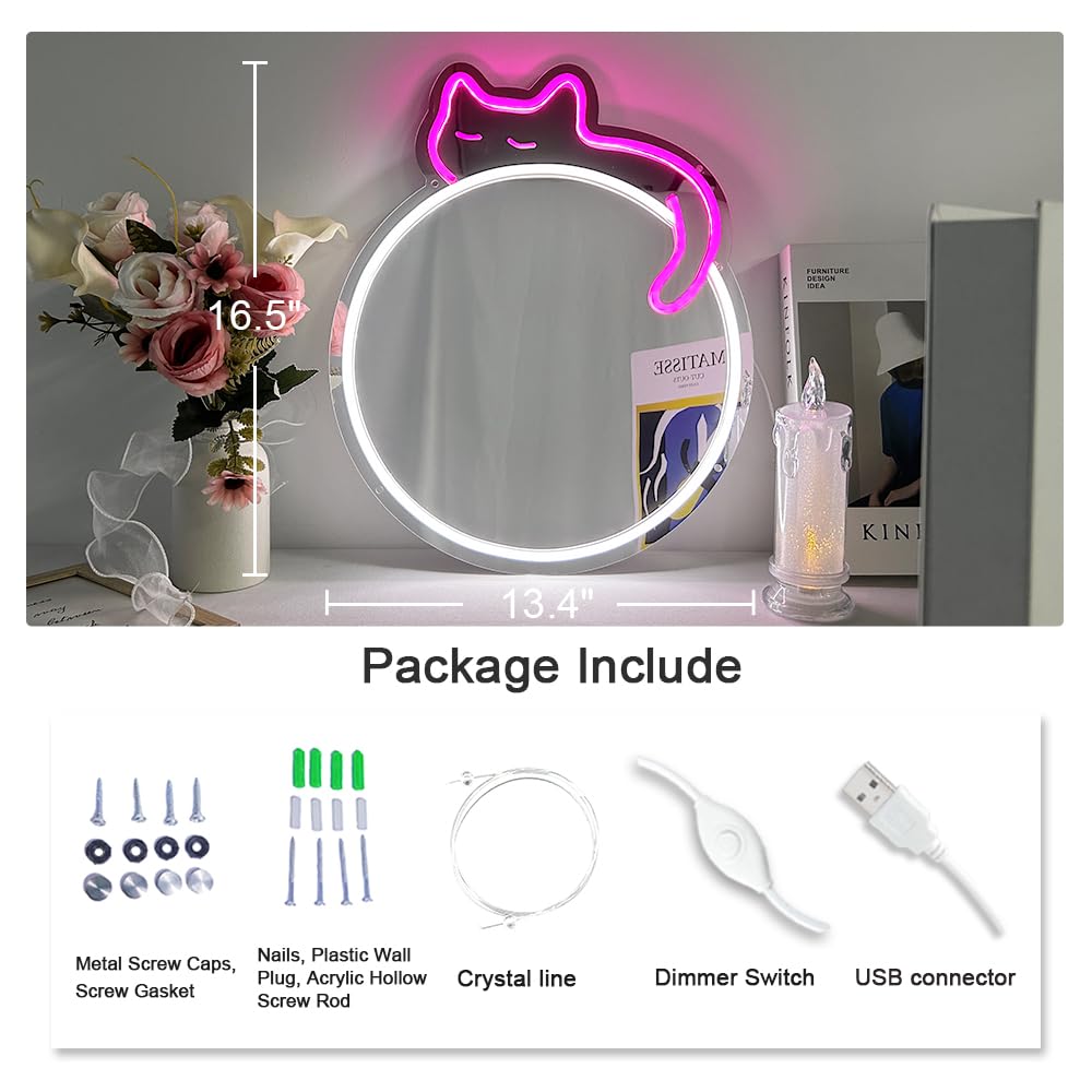 Jxin Cat Neon Signs Mirror 16.53X13.38 Usb Powered With Dimmer Led Cute Neon Light For Wall Room Decor Bedroom Living Room Party Studio Shop Birthday Gifts For Girls
