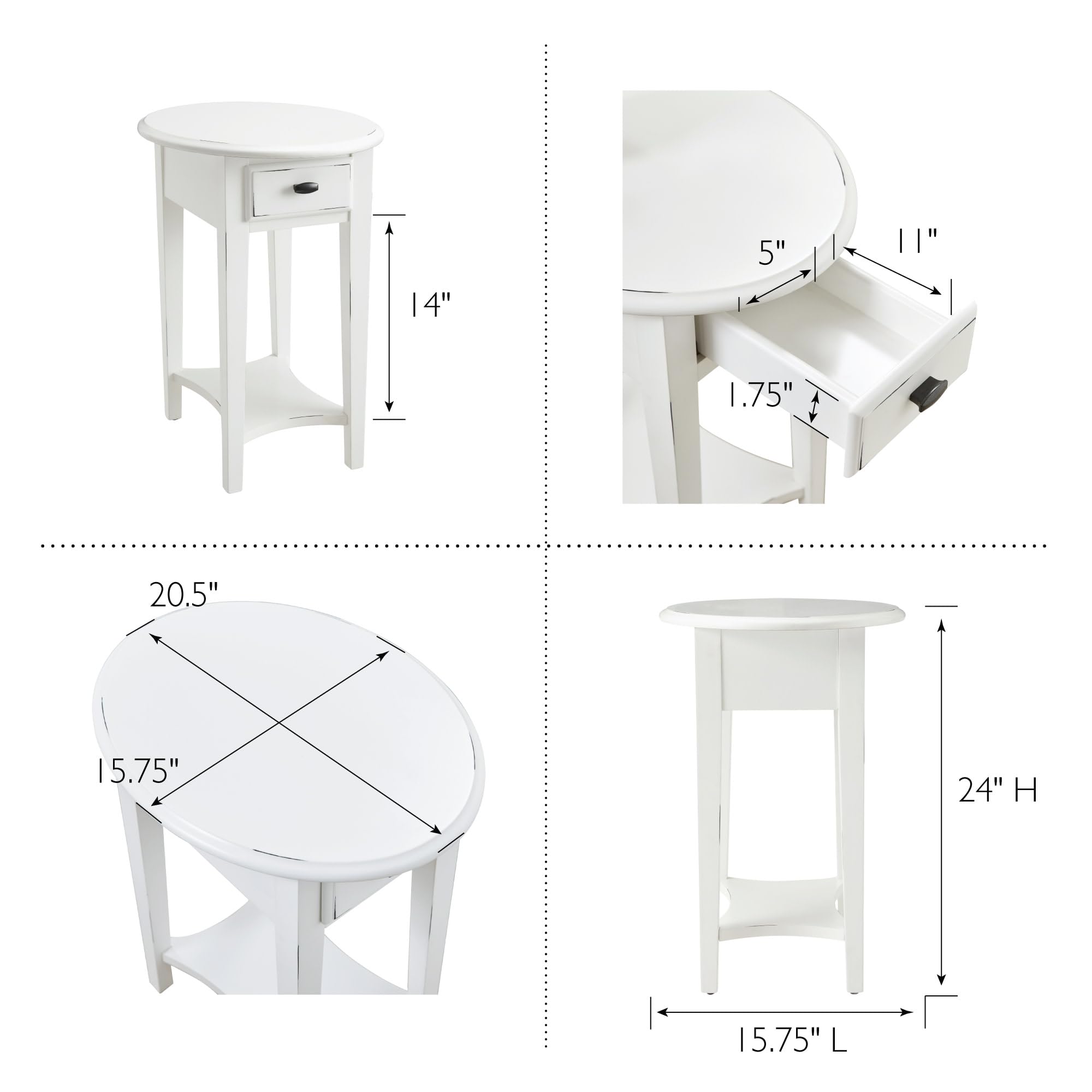 Leick Home Haven Ridge Oval End Table, One Drawer Side Table, Farmhouse White, 214387