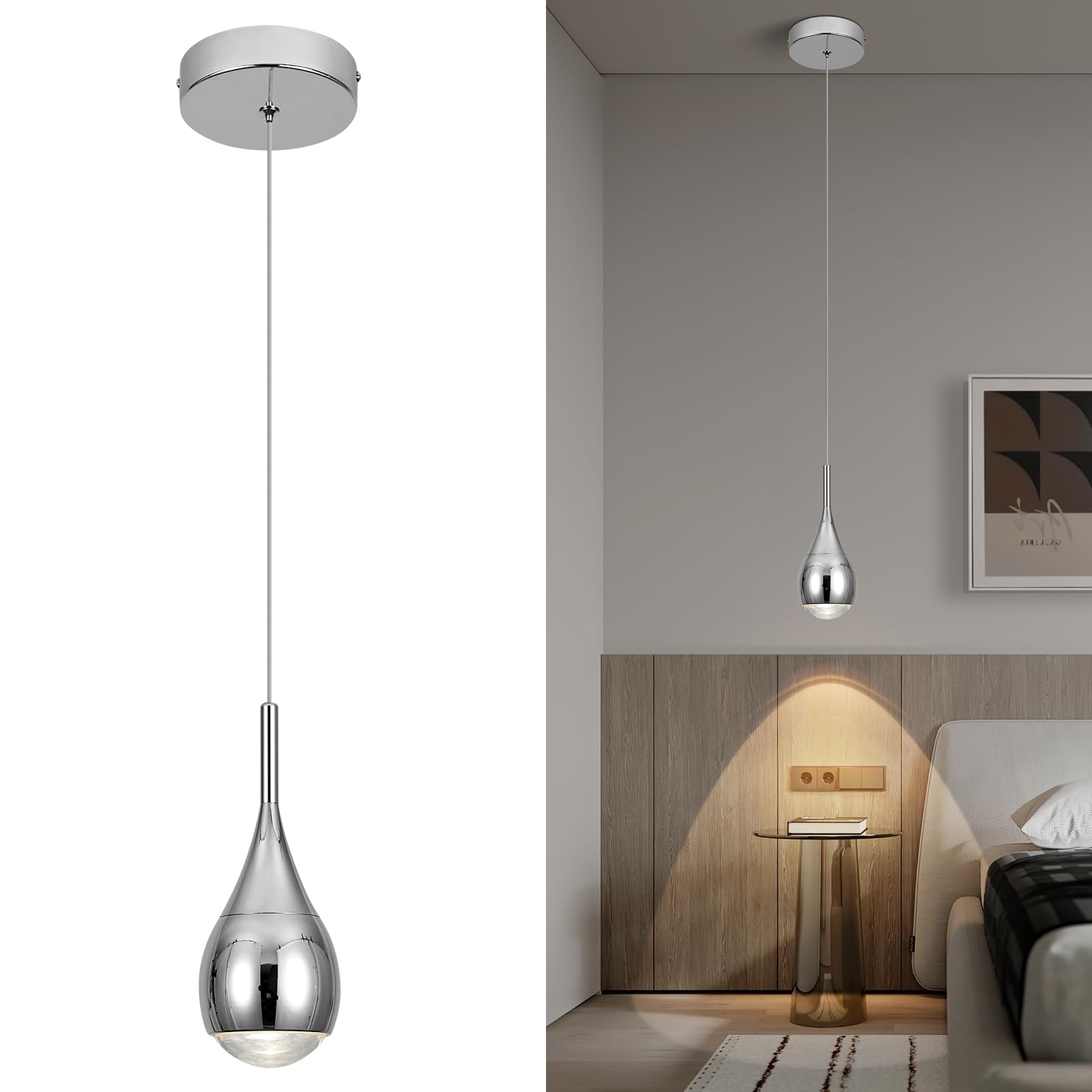 ADCTHOME Pendant Lights Kitchen Island  Modern Chrome Pendant Light fixtures  LED Dimmable Hanging Pendant Lighting for Over Sink Bar Dining Room Bedside Lens COB 4000K(1-Pack)