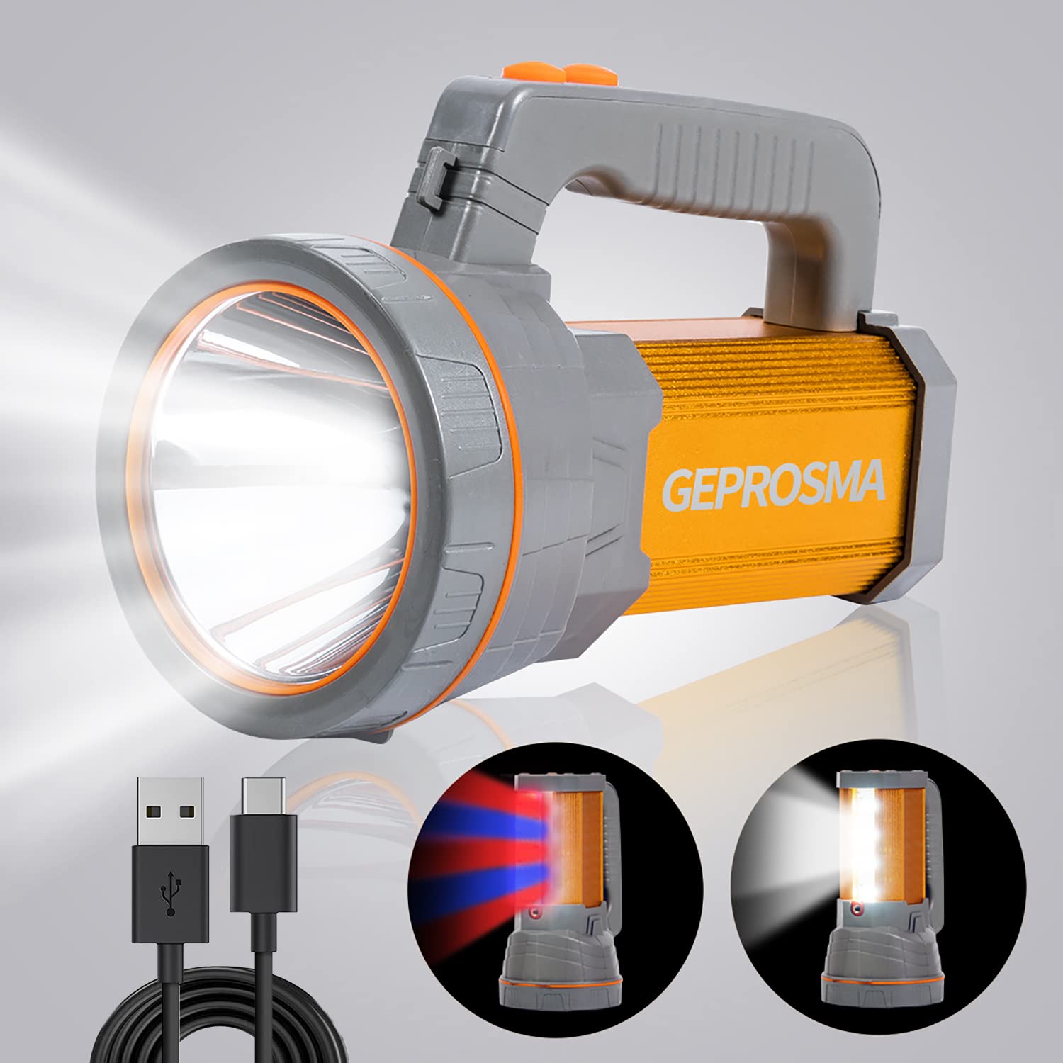 GEPROSMA Multi Functions Rechargeable Flashlight High Lumens,Handheld Spotlight LED 6000 Lumens Super Bright, Large Battery 1000