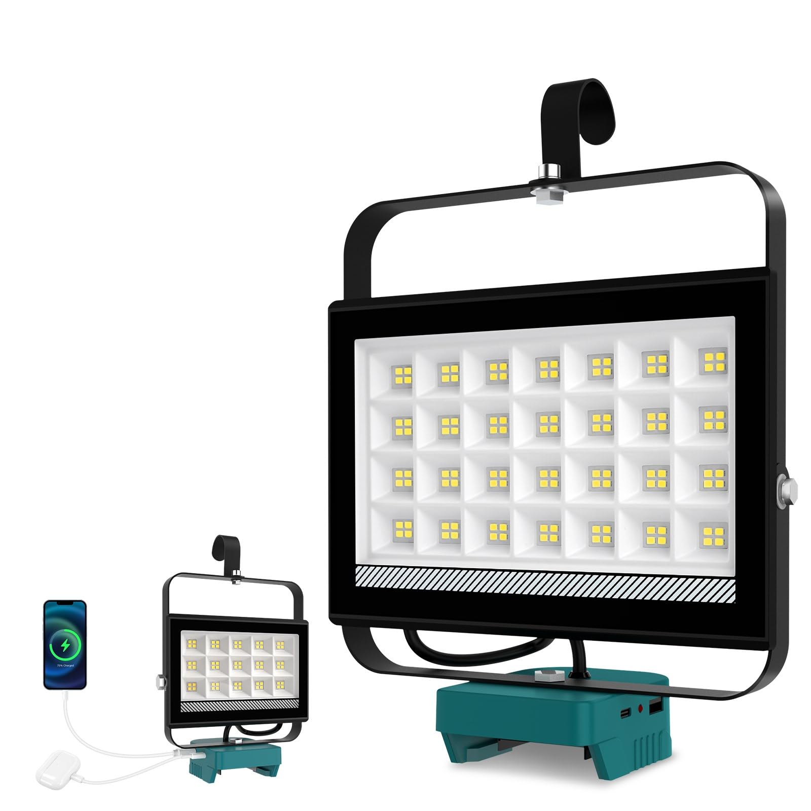 T-SUNiceM Cordless LED Work Light, 100W 10000LM, USB & Type-C Charging, 140° Pivoting Head, Dark Green, Model TS-F0470-