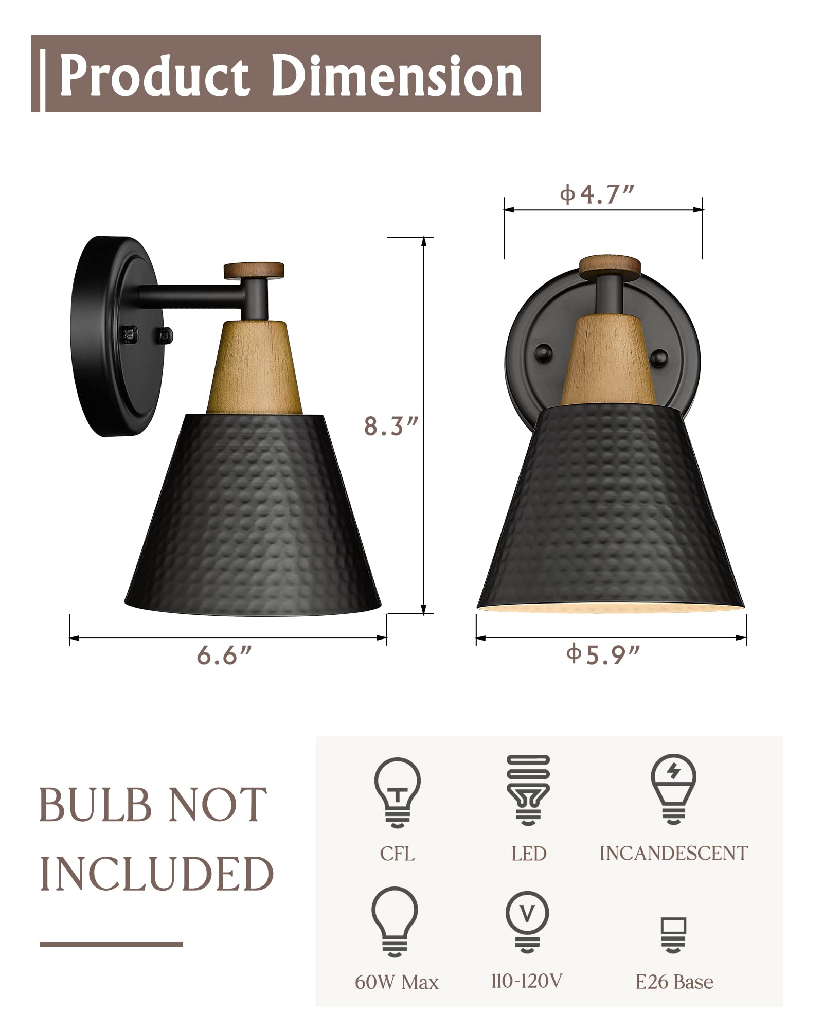 FEMILA Wall Sconces Set of 2, 1-Light Matte Black Metal Bathroom Light Fixtures, Hammered Shade