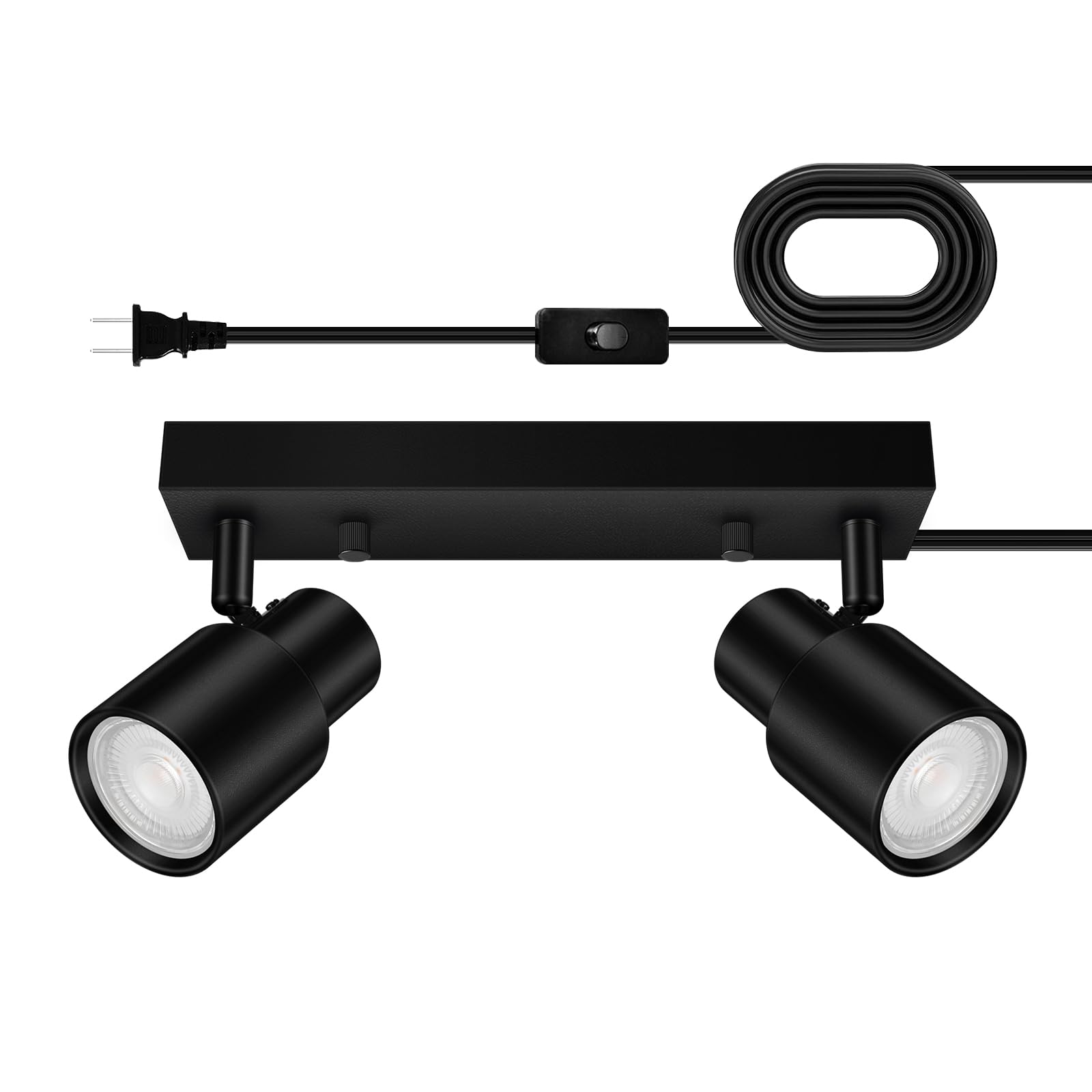 Plug In Track Lighting Fixtures Ceiling, Led Track Lighting, Black 2 Light Track Light Kit For Kitchen, 2 Way Spotlight With 14.8Ft Cord, Rotatable Wall Mount Light Head For Bedroom, Bulb Not Included