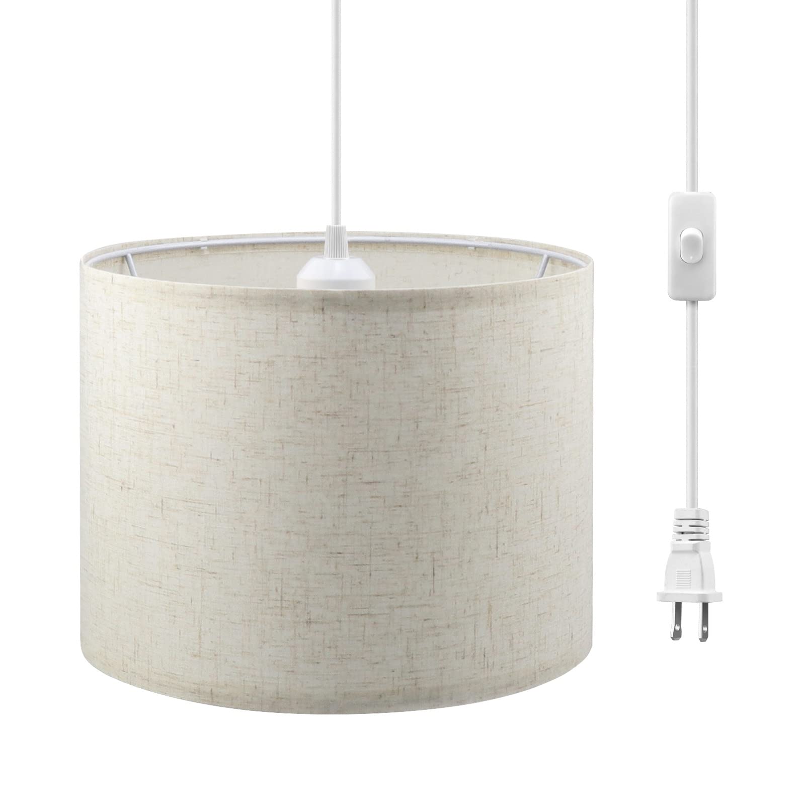 Kuaugst 15 Ft Plug In Pendant Light With On/Off Switch & Fabric Shade - Beige Hanging Lamp