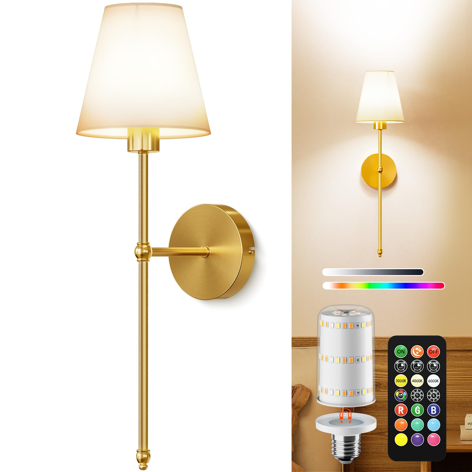 KIBTOY Battery Operated Wall Sconces, 10000mAh Rechargeable, 9 RGB Colors, 4 Light Temperatures, 24 in, Metal, Model 360-C