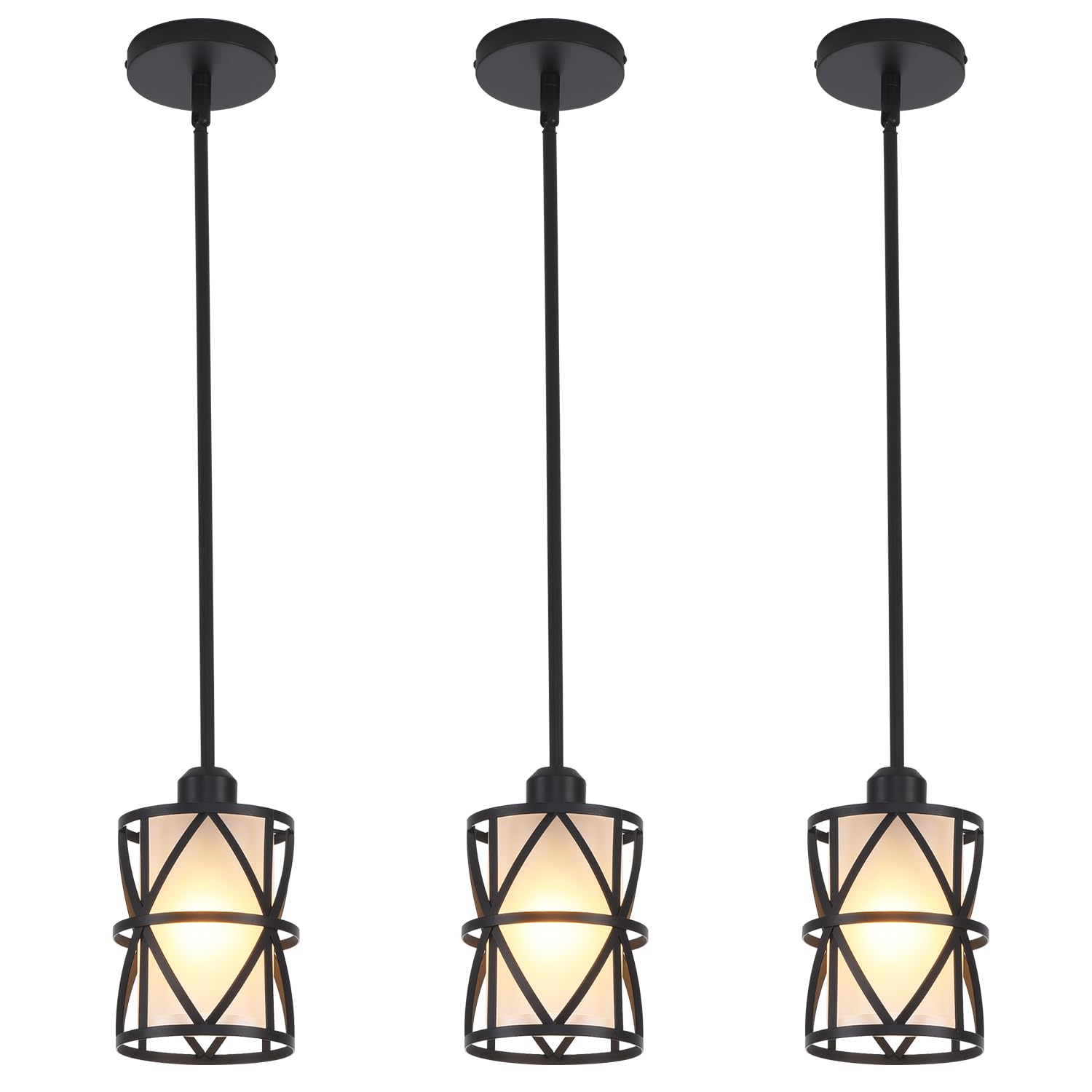 IHENGYANLT 3 Pack Pendant Light, Kitchen Island Lighting, Metal Glass, Black, Model PM1715-2, Stem Rod Design