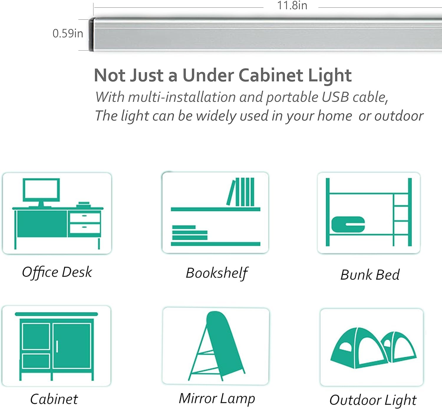 ASOKO Under Cabinet LED Light Strip, 12 Inch, Daylight White 5000K, Dimmable, USB, 2-Pack, Plastic, Model UNO-UT