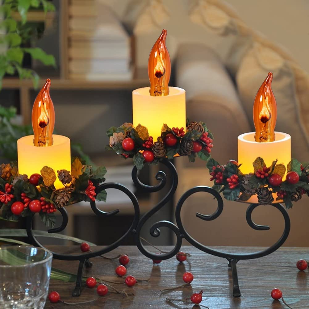 Romasaty C18 Flicker Flame Bulb - 12 Pack Orange Glass Flame Shaped Candelabra Light Bulbs