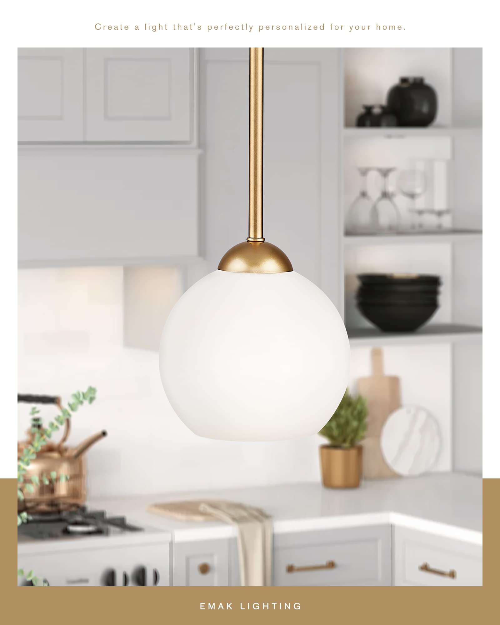 Emak Gold Pendant Light Fixtures, 7 Inch Globe Pendant Lights With Milk Glass Shade, 1-Light Hanging Lights For Kitchen Island,