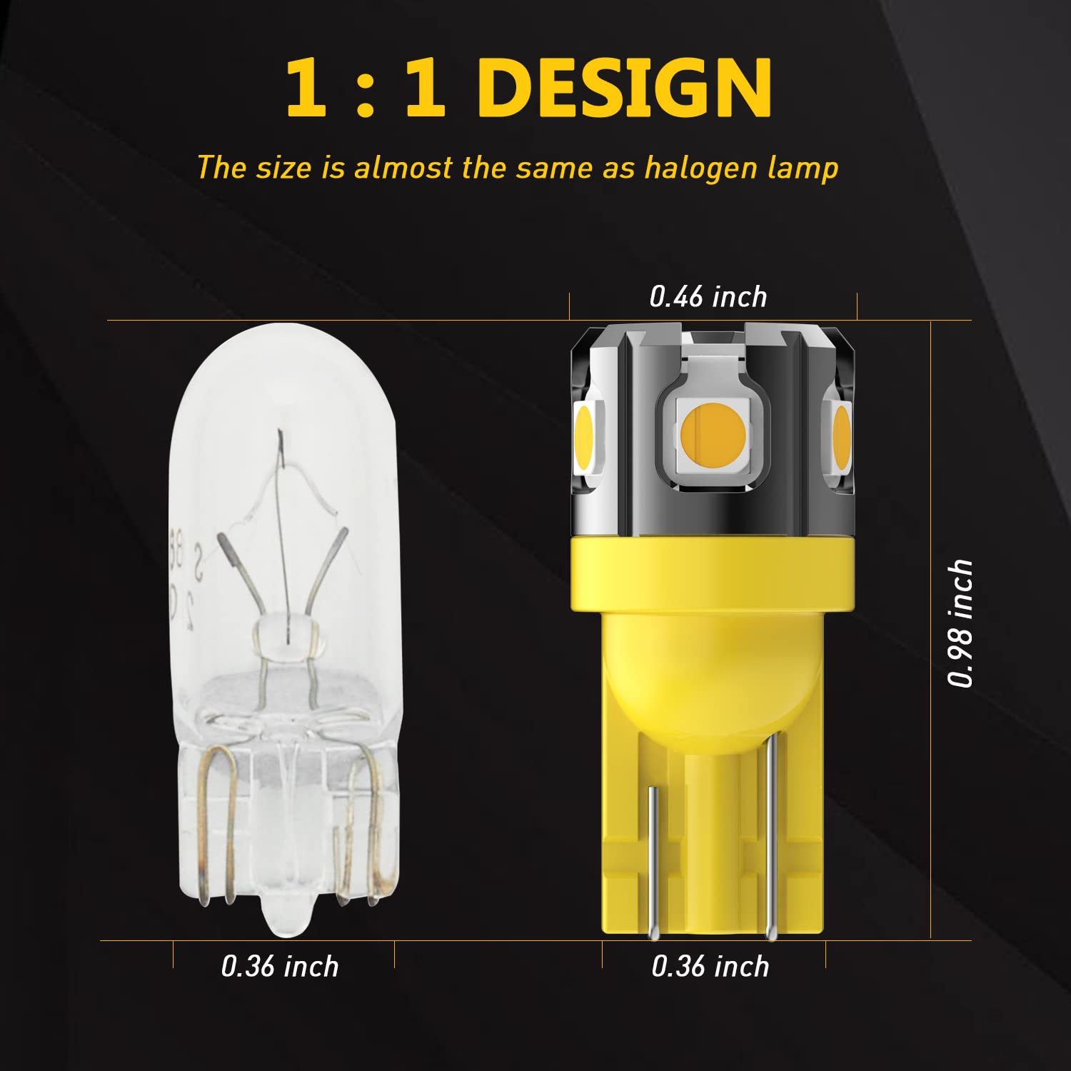 PHINLION LED Light Bulb T10 W5W Amber Yellow 3030 Chipsets Model Phinlion-T10-3030-6SMD-Y for Car Interior Lighting