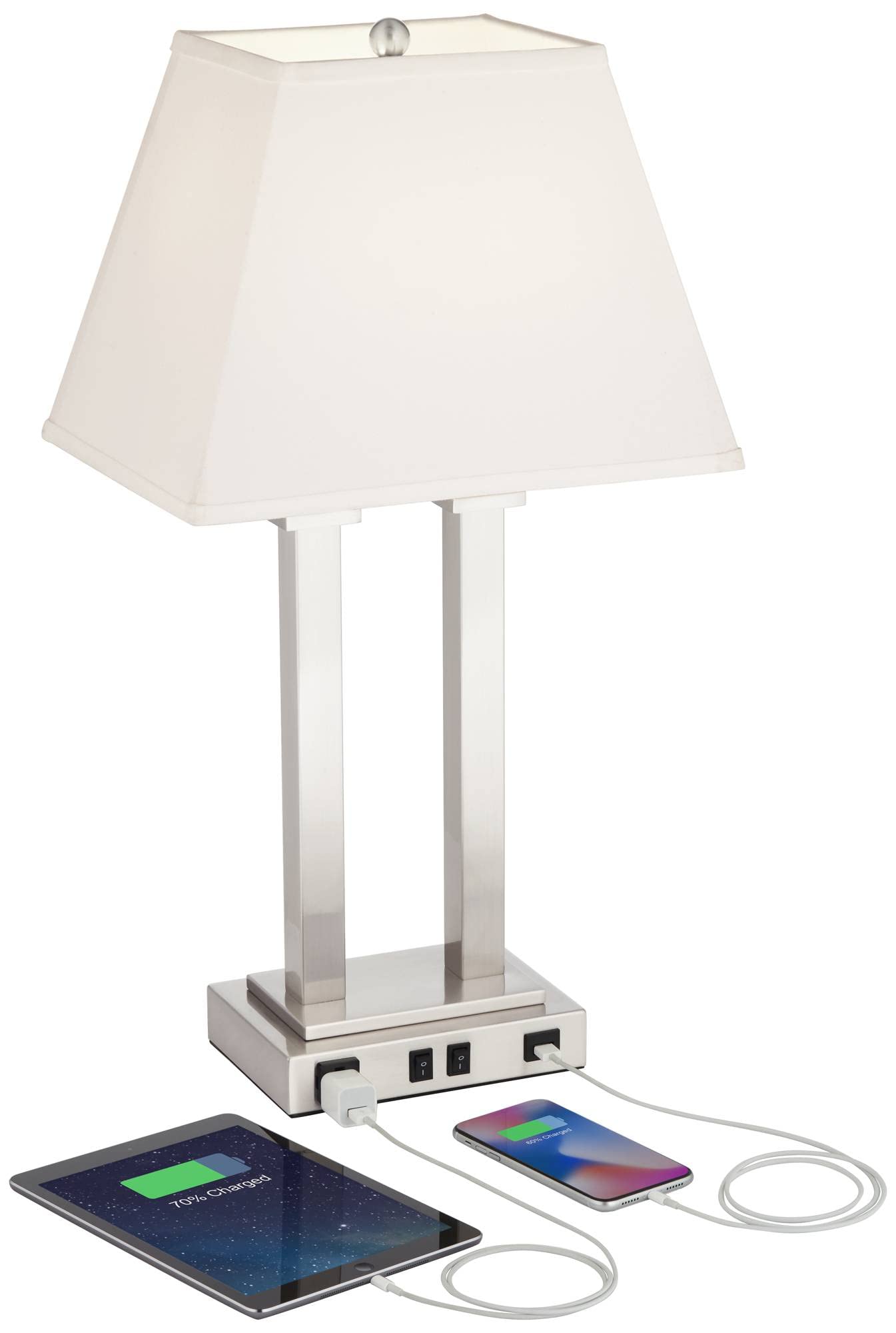 Possini Euro Design Amity Modern Table Lamp with USB & AC Outlet, 26in High, Brushed Nickel, White Linen Shade, Model 9G408