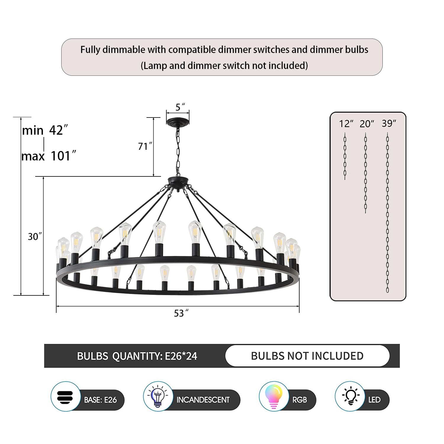 53    Large Farmhouse Wagon Wheel Chandelier,Black Rustic Chandelier 24-Lights,Round Dining Room Light With Adjustable Height,In
