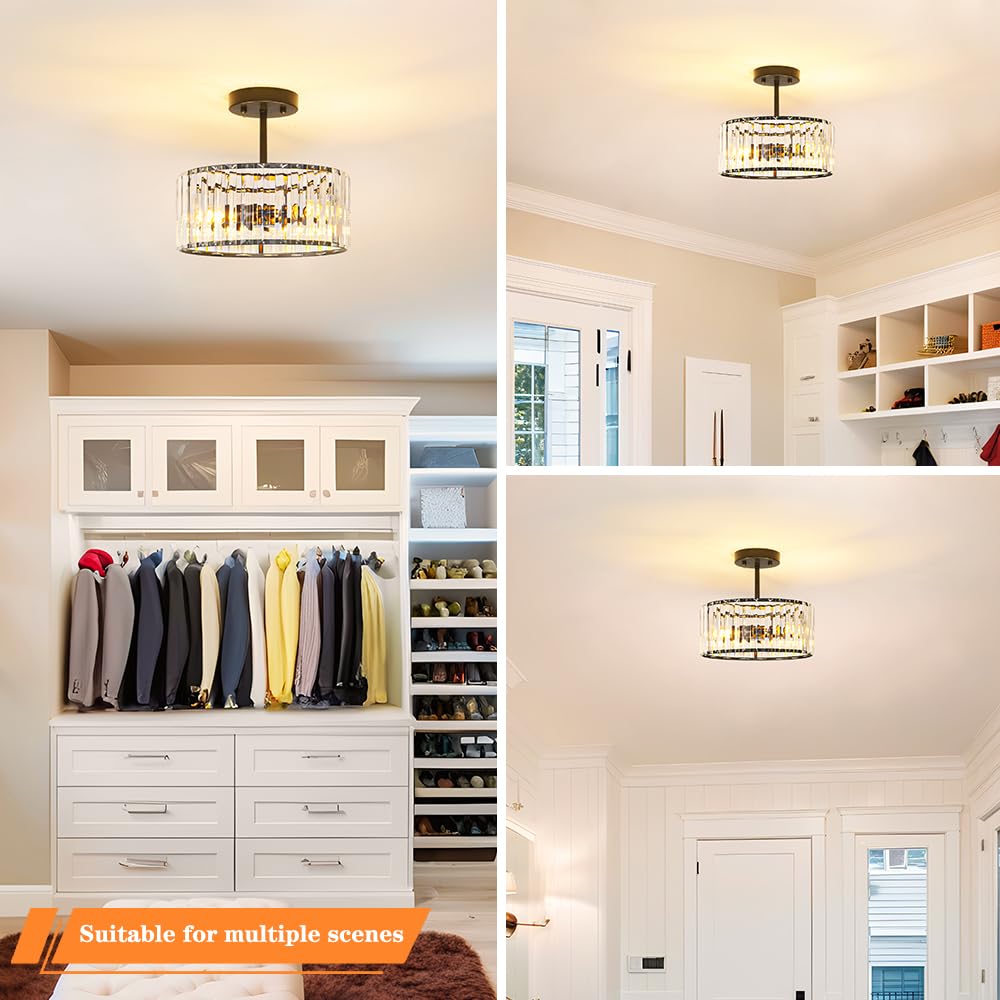 Lxybcce Modern Crystal Ceiling Light  Matte Black Semi Flush Mount Ceiling Lighting Fixture  Hallway Light Fixtures Chandelier For Kitchen  Bedroom Dining Room Hallway Closet  3-Light  12 Inch