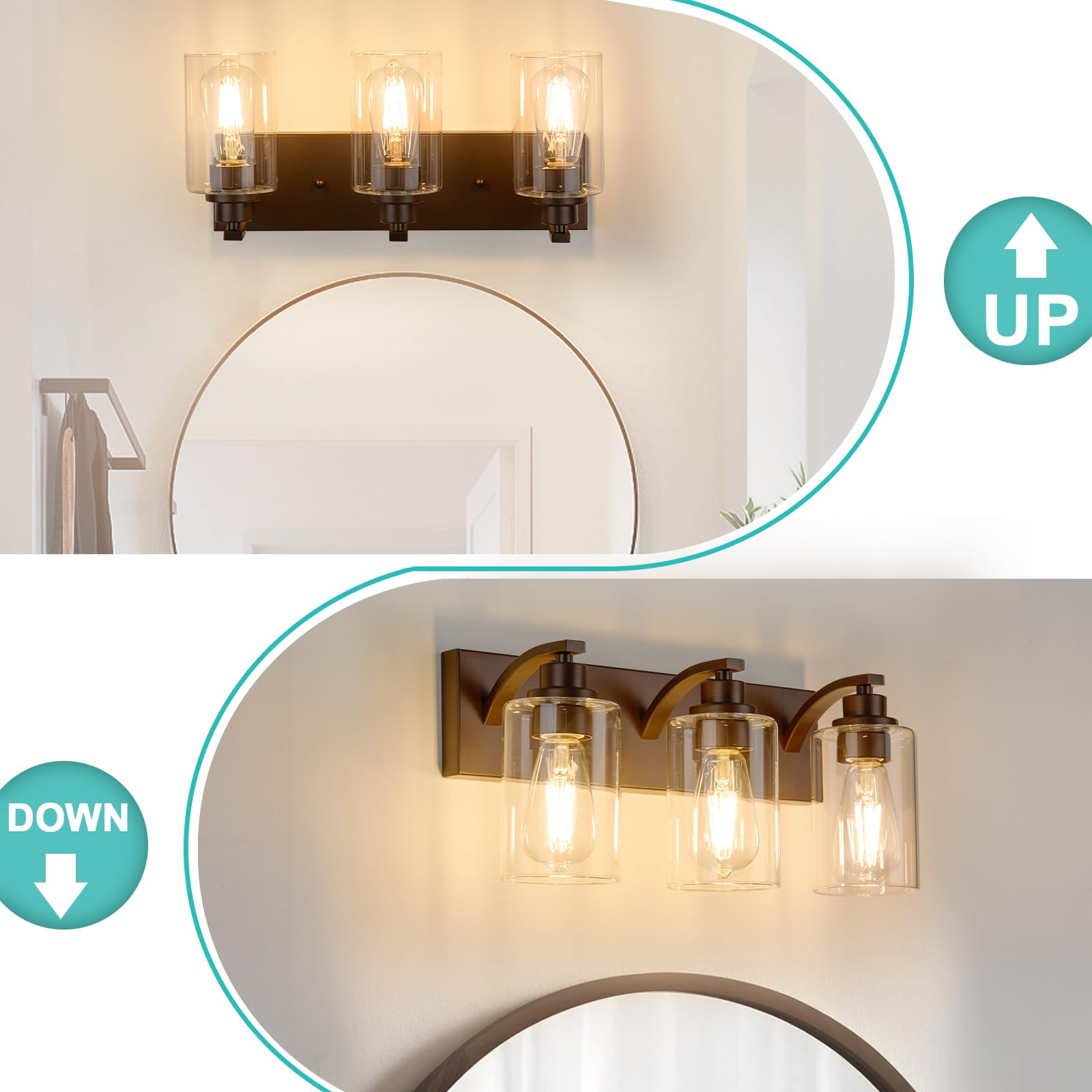 Alaislyc 3-Light Bathroom Vanity Light Fixture, Modern Bronze Over Mirror With Clear Glass Shade