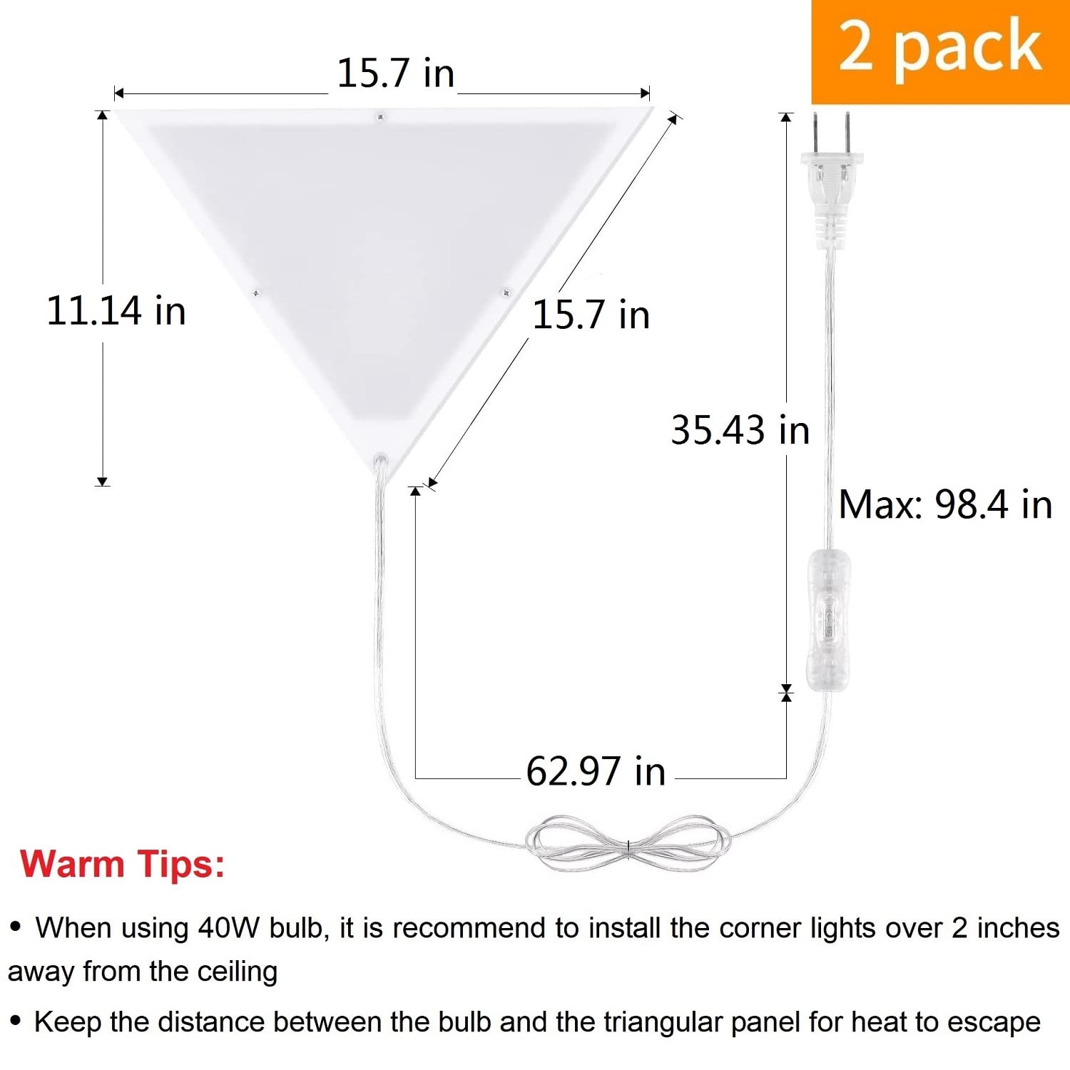 Zlierop Corner Light 2-Pack, Acrylic White Triangle Lamp with Switch for Living Room, Bedroom, Office, Kids Room