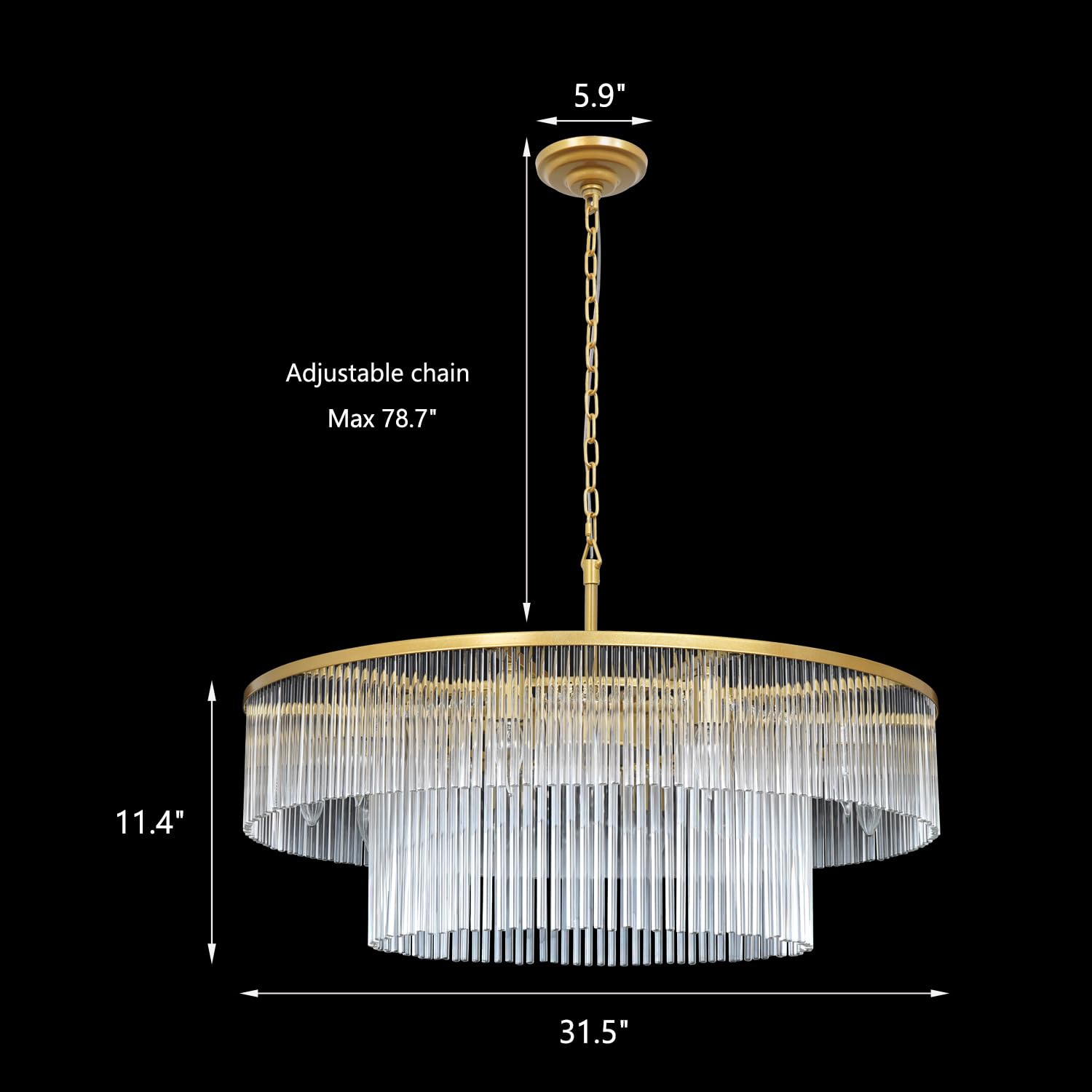 Akeelighting Gold Glass Chandelier, 10 Light 2 Tier Pendant Fixture, Medium Size (32" x 70"), Metal, Model AK004-800G