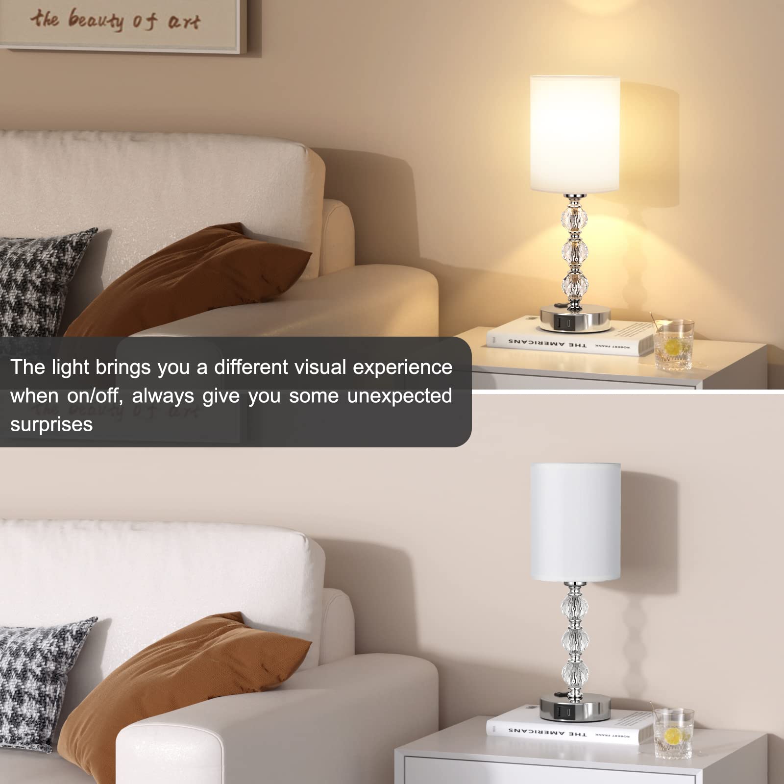 Acaxin Touch Bedside Crystal Lamp With Usb Charging Port, 14.6In, White, 3-Way Dimmable For Bedroom, Living Room, Kitchen