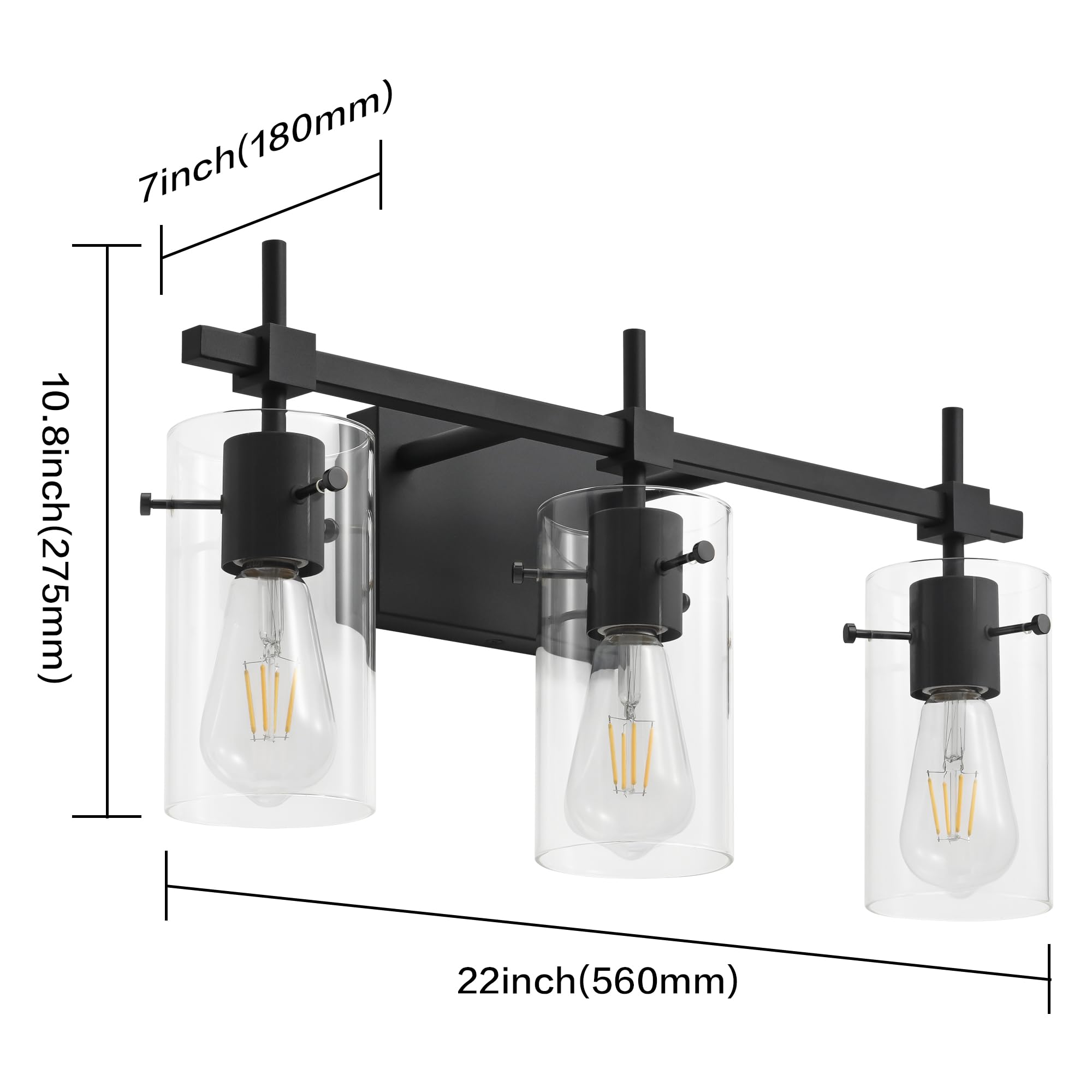 SOLFART 3 Lights Vanity Light Fixture - Matt Black Glass Shade, Model 7200-3T-BK, Modern Bathroom Lighting Over Mirror