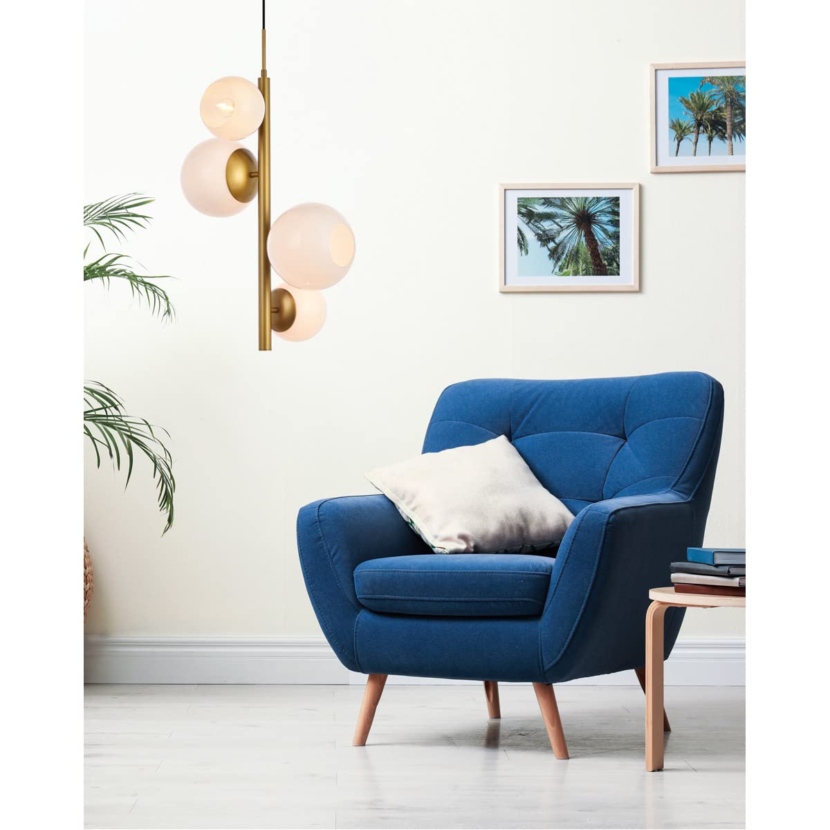 Living District Wells 4-Light Mid-Century Metal Pendant in Brass and White