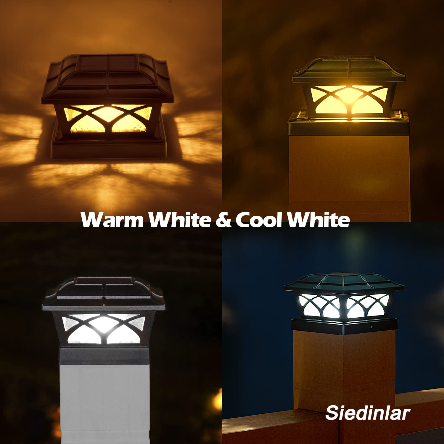 SIEDiNLAR Solar Post Cap Lights, 8 LEDs, 2 Color Modes, Glass, 4 Pack, Brown, Model SD012Z-4PK