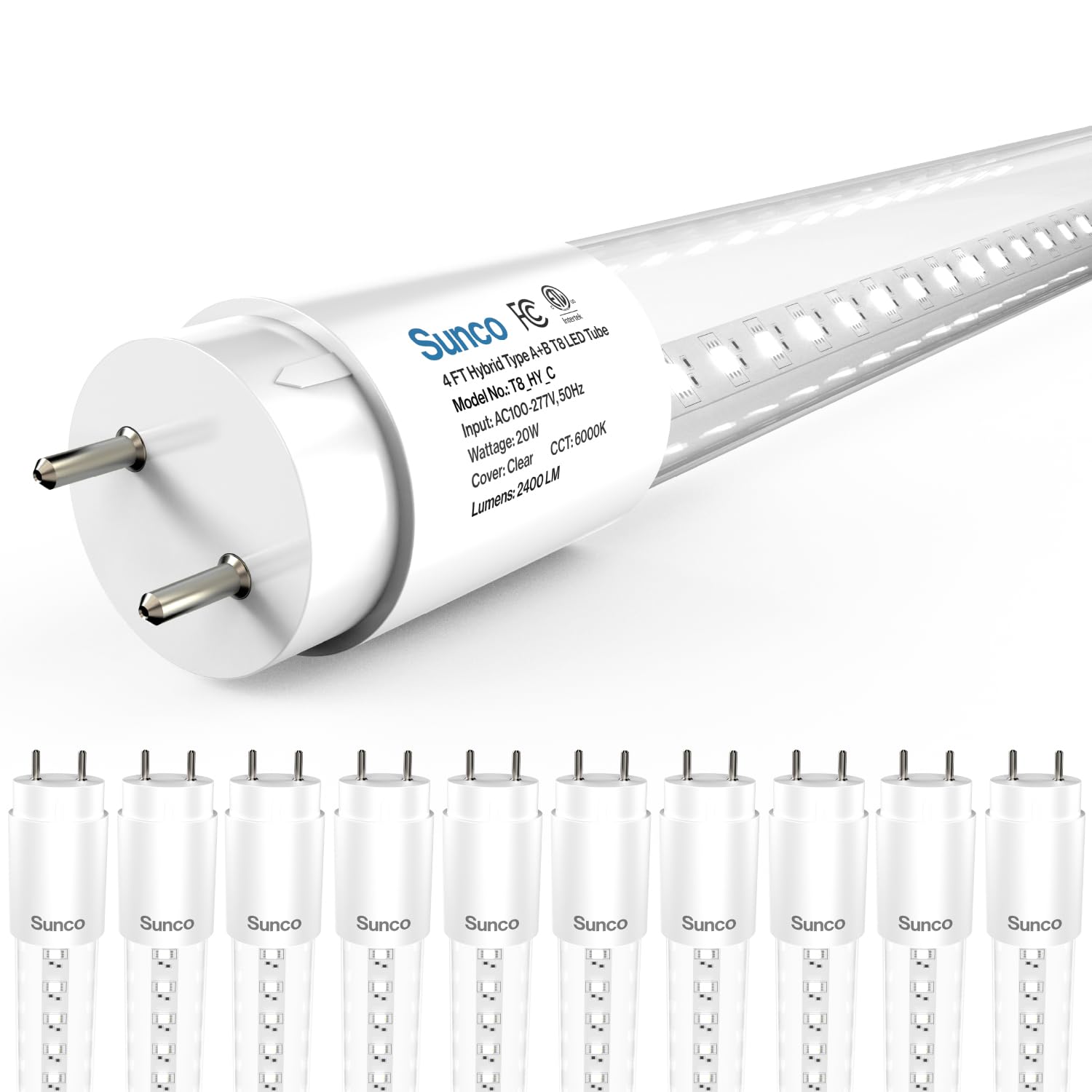 Sunco T8 LED Bulbs 4 Foot, 10 Pack, 2400 LM, 20W, 6000K Daylight Deluxe, Clear Lens, Model T8_HY_C