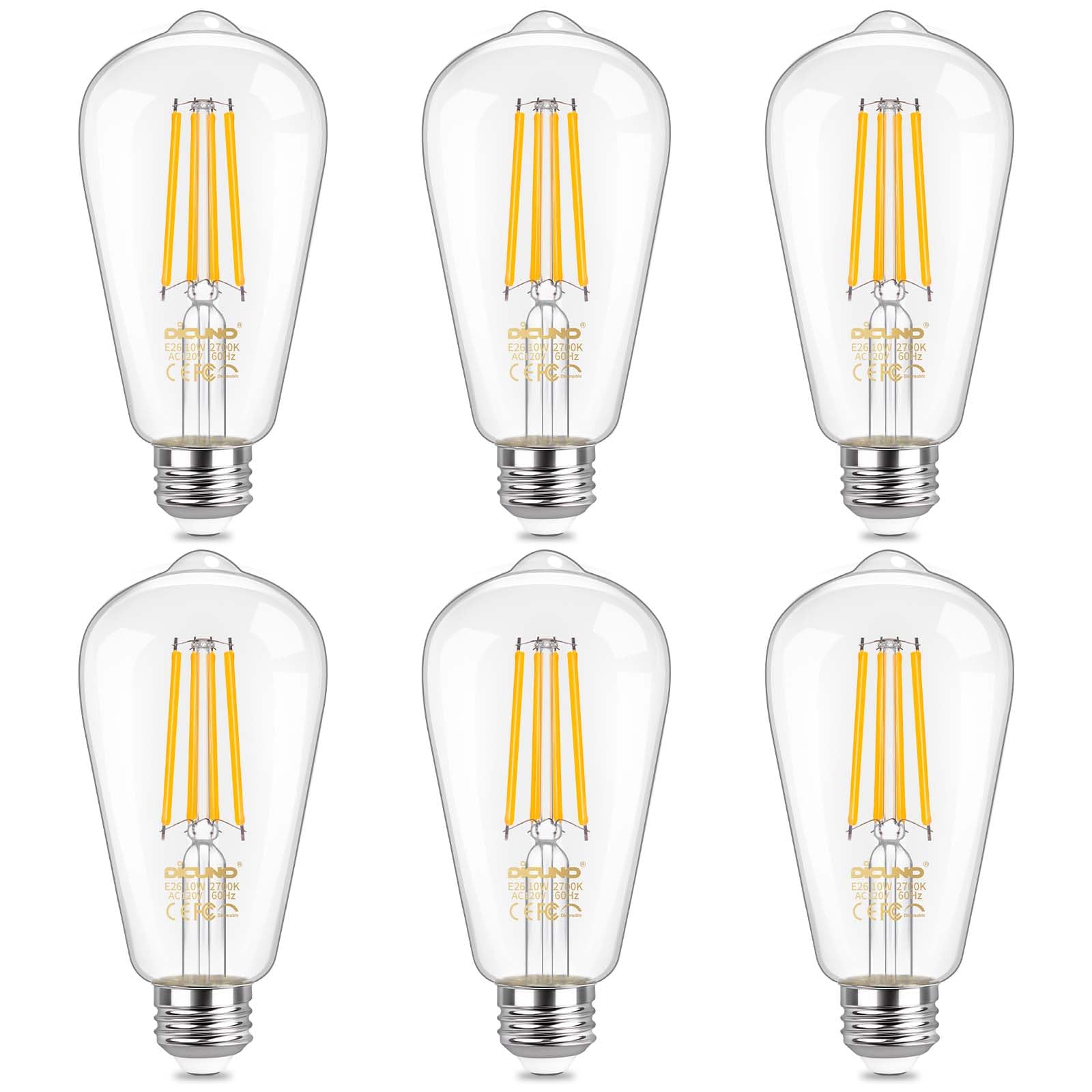 Dicuno Dimmable Edison Bulbs 100W Equivalent  Led Edison Bulb  Warm White 2700K  10W  1200Lm  Vintage St64 Filament Light For Bathroom  Kitchen  Decorative Lighting  6-Pack