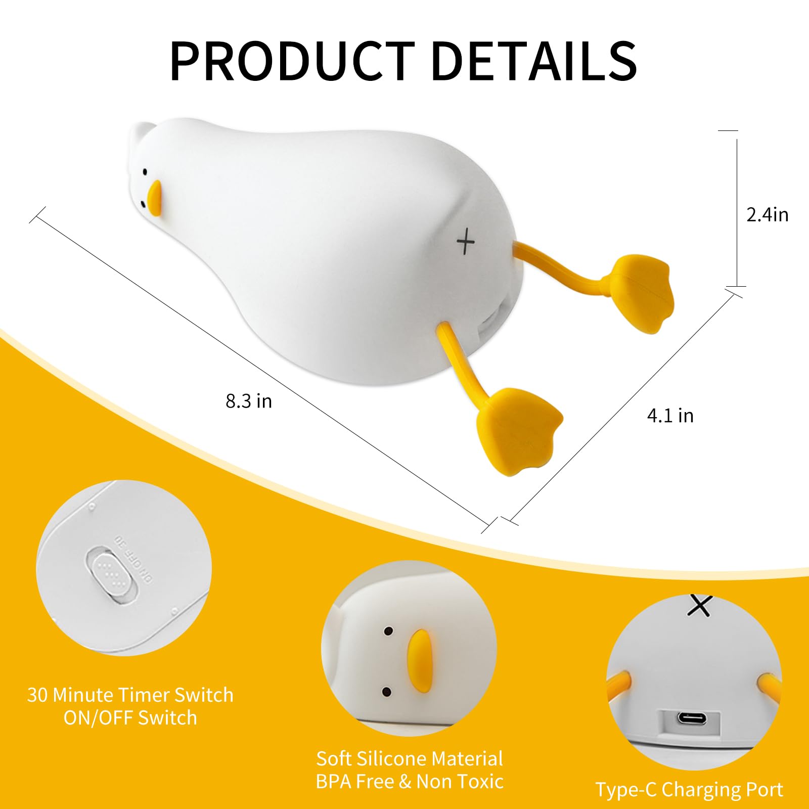 AVACOM Squishy Night Light, Rechargeable Touch Lamp, 3-Level Dimmable, Lying Flat Duck, Yellow, Model K-1096
