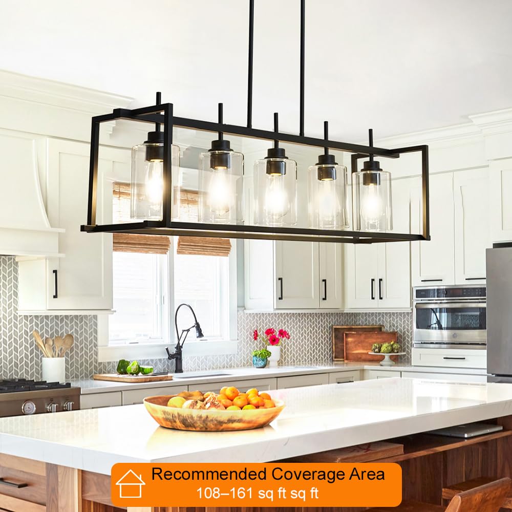 Dsmjfu Black Farmhouse Rectangular Chandelier For Dining Room  5-Light Linear Pendant Lighting  Rectangular Kitchen Island Light Fixture Over Table  Adjustable Height Chandelier Hanging Light