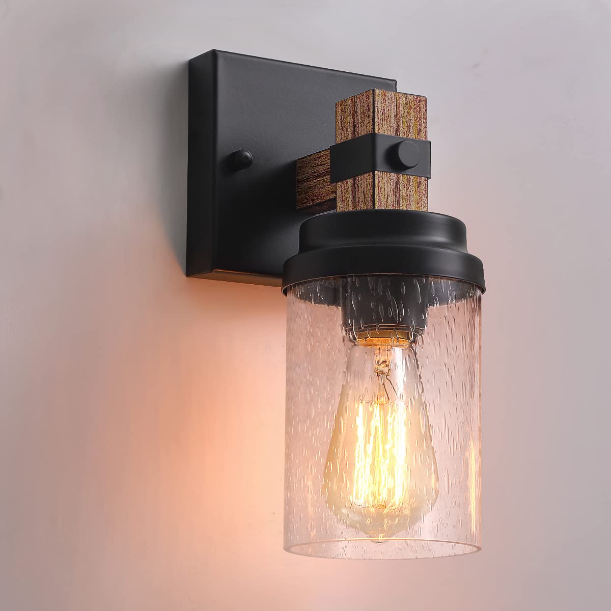 Zsmihdoh 1-Light Rustic Wall Sconce, Handmade Wood & Glass Fixture For Bathroom, Hallway, Bedroom