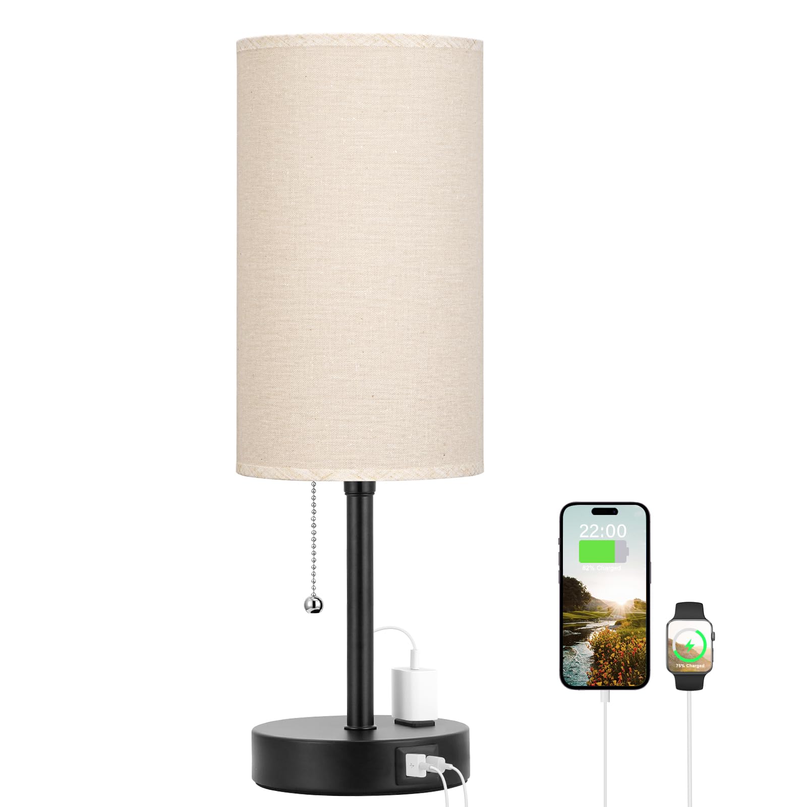 Dicoool 17Inch Tall Bedroom Lamps with USB C and A Ports 3 Color Temperatures - Pull Chain Beige Nightstand Bedside Table Lamp with AC Outlet  Side Lamp for Living Room End Table