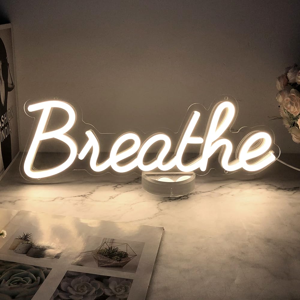 Colysor Breathe Neon Sign Wall Decor, Acrylic, Warm White, 17x6 inches, USB Powered with Dimmer Switch, Model CL018