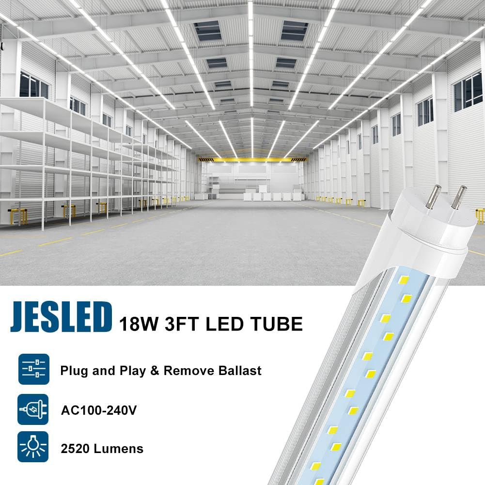 JESLED T8 LED Tube Light 3FT 18W 2520LM 6000K Dual Ended Clear Aluminum 12-Pack Model JD-T83FT-G13-A2-TC