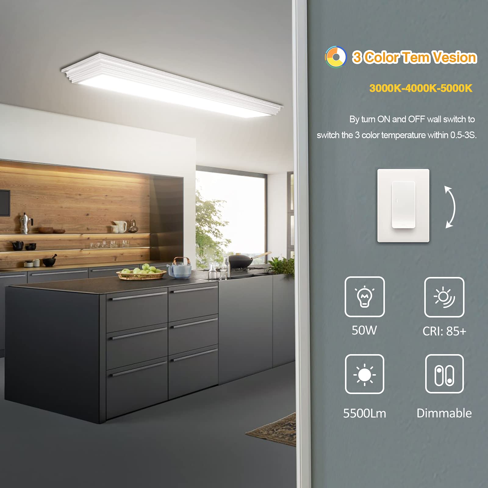 Faithsail 4Ft Dimmable Led Wraparound Light Fixture, 50W 5500Lm, 3 Color Temperatures, Flush Mount, White, Model 0677