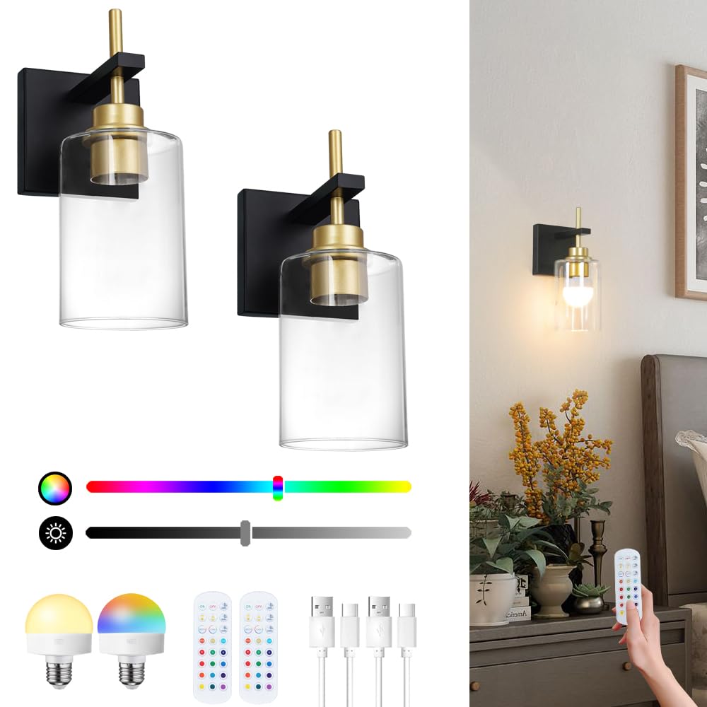 Dsmjfu Dsmjfu Battery Operated Wall Sconce Set Of 2, Black And Gold Sconce Lighting With Clear Glass Lampshade, Rechargeable Bat