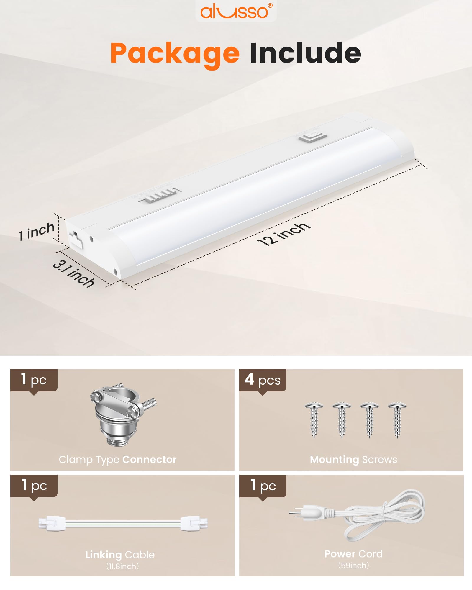 Alusso Lighting?12 Inch Led Under Cabinet Lighting Hardwired & Plug In  5Cct Color Selectable 2700K-5000K Dimmable 6W 510Lm High Brightness  Linkable Strip Under Counter Lights For Kitchen  1 Pack