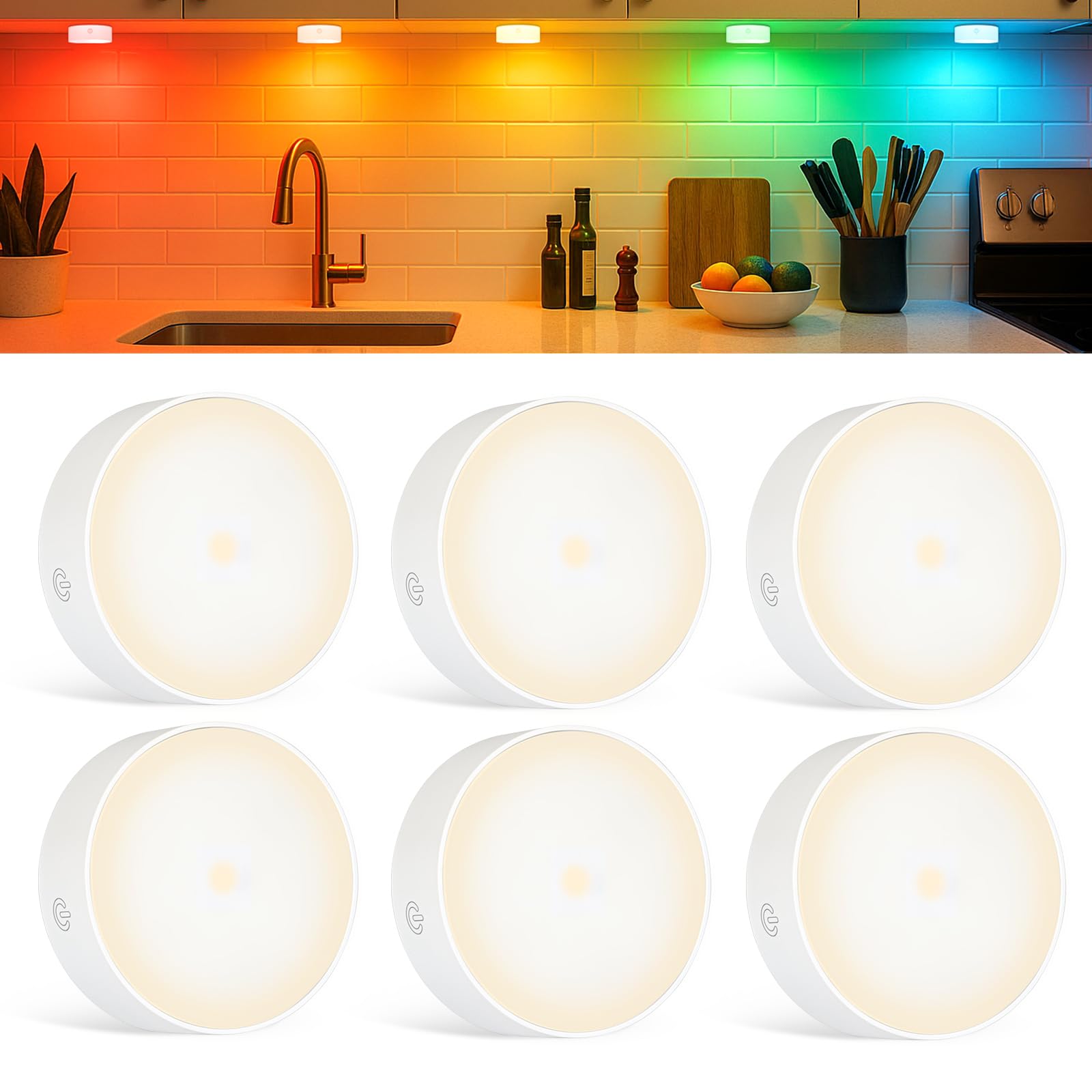 Yiliaw Puck Lights with Remote, Motion Sensor, 19 Colors, 1200mAh Battery, 6 Pack, White