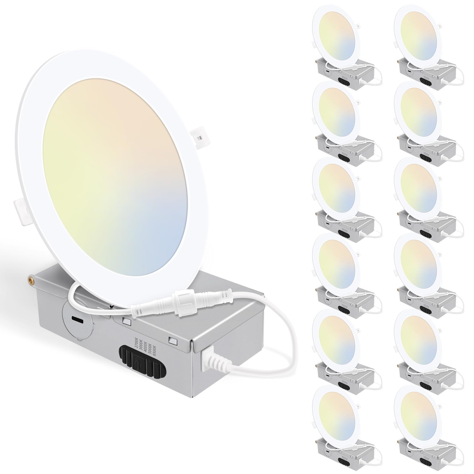 12 Pack 6 Inch 5CCT Ultra-Thin LED Recessed Ceiling Light with Junction Box, 2700K/3000K/4000K/5000K/6500K Selectable, 1050LM Br