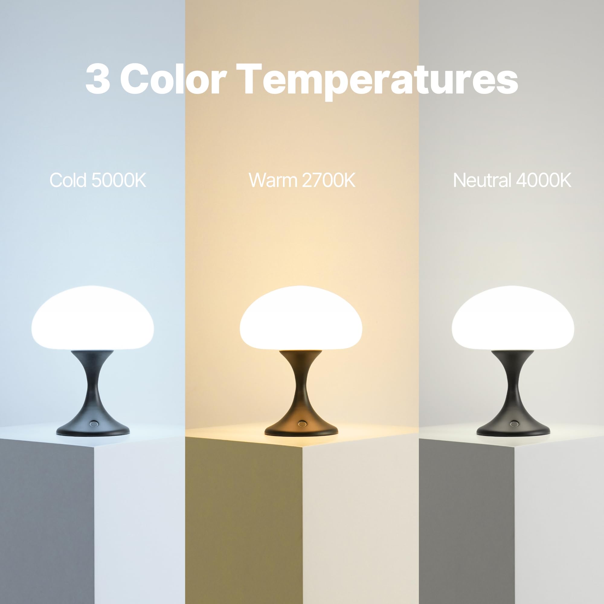 MAGCHARM Mushroom Lamp - 5W LED Cordless Glass Table Lamp, Dimmable Touch Light, 3 Color Temps, Retro Design, Black