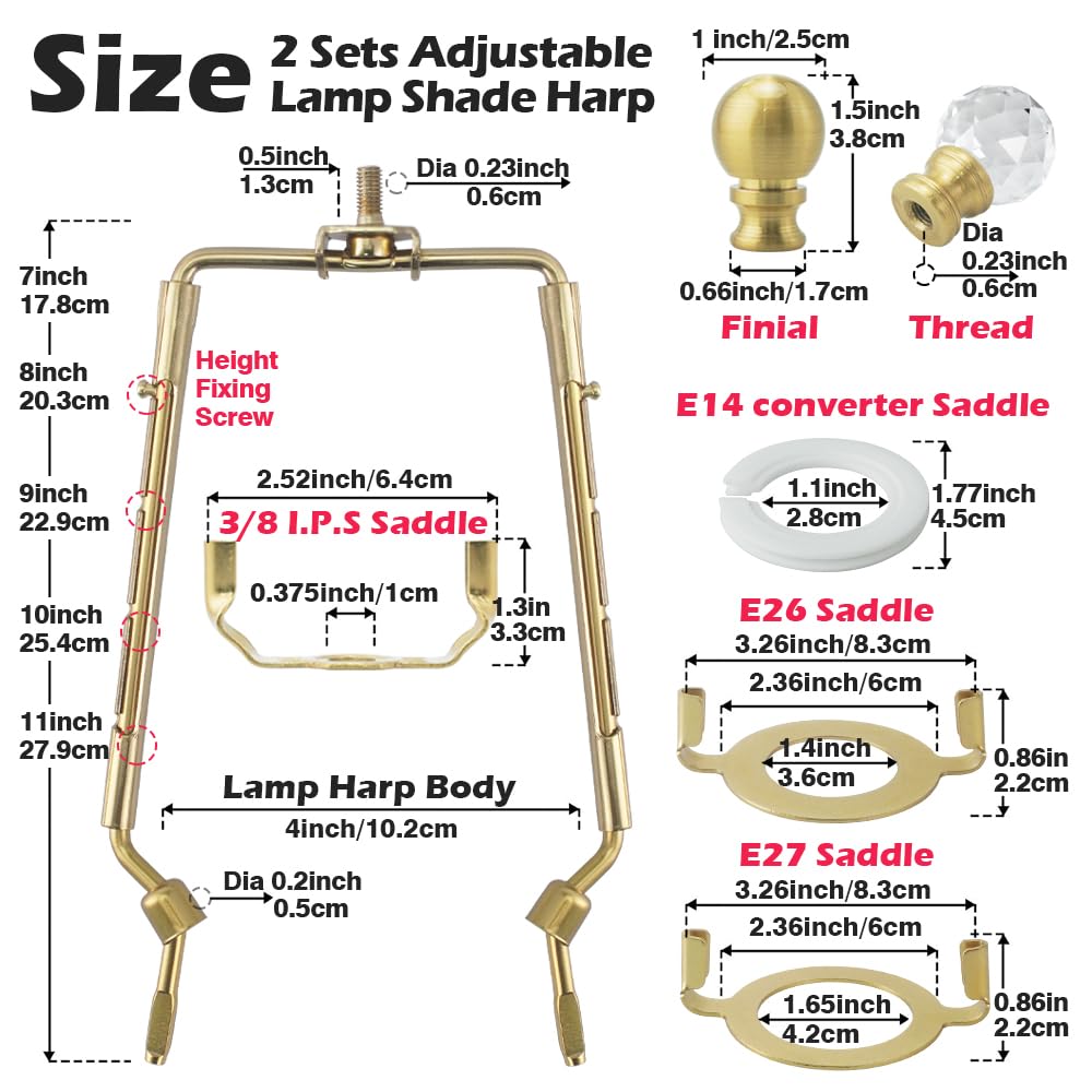 Asjeumt 8 9 10 11 Inch Brass Lamp Shade Harp Holder, 2 Set Adjustable Height Harp Kit With Crystal & Metal Finial, Diy Replaceme