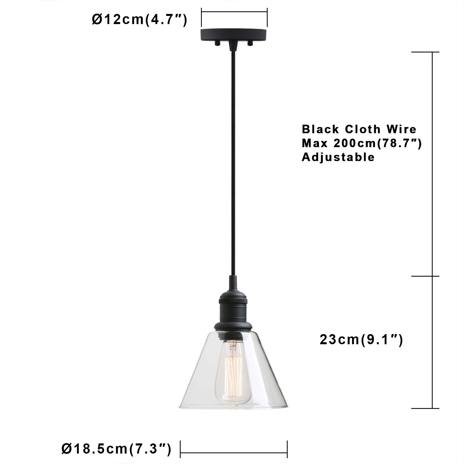 Yosoan 1-Light Vintage Edison Hanging Pendant Light, Mini Semi Flush Mount Light Fixture Funnel Flared Clear Glass Shade For Kitchen Bathroom Porch Living Room Dinning Room Hotels Bar Island(Black)