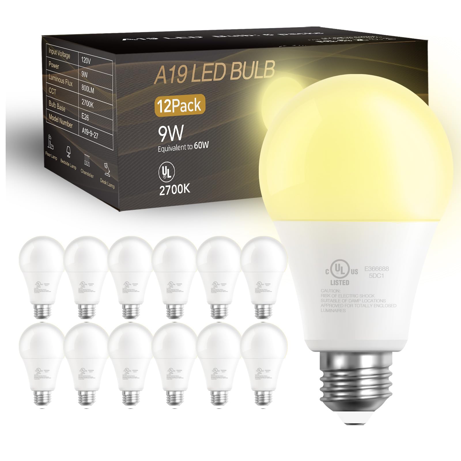 Daybetter 12 Pack A19 Led Light Bulbs, 60 Watt Equivalent Led Bulbs, Long Lifespan High Brightness 800Lm Warm White 2700K, E26 S
