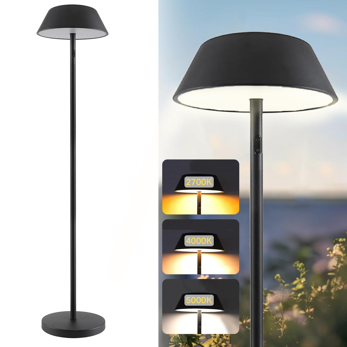 Outdoor Solar Powered Floor Lamp For Patios, Decks, Outdoor Living Spaces, Reading - Tall, Ultra Bright, Cordless, 3 Different L