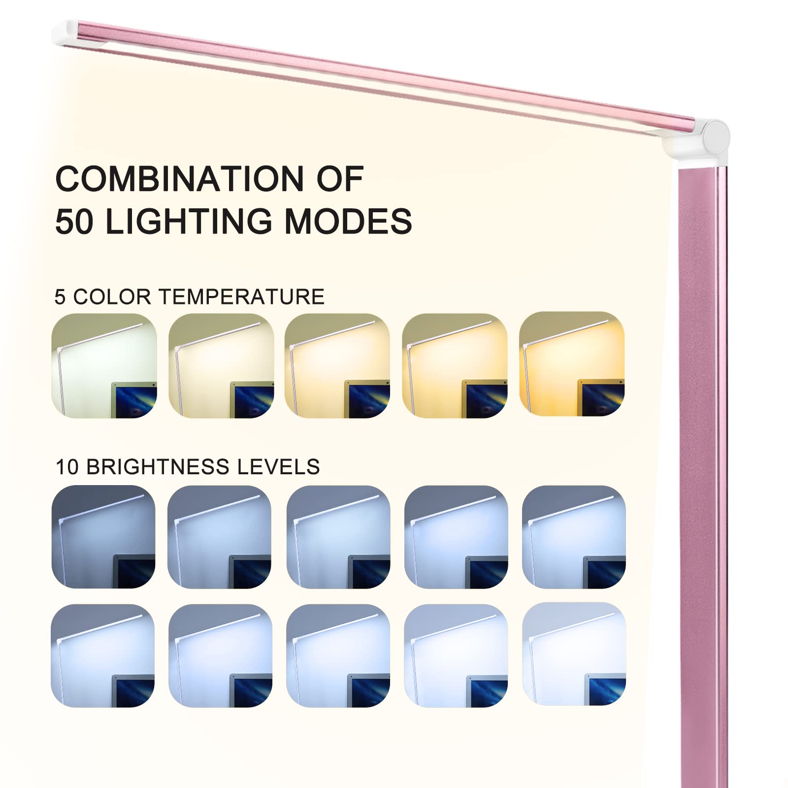 Hmfuntm Led Desk Lamp, Desk Lamp With Usb Charging Port, 5 Color Modes, 10 Brightness, Natural Light, Eye Caring Reading Lamp, Desk Light For Home Office, Table Lamp, Touch Control, Auto-Timer, Pink