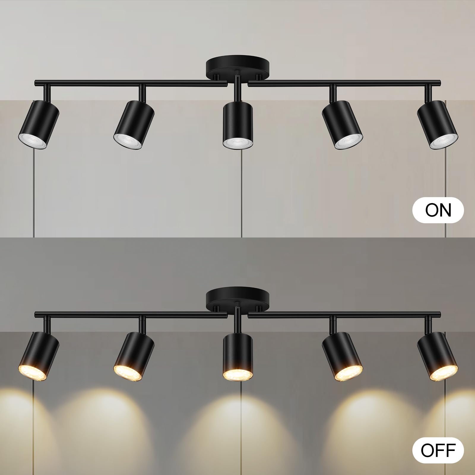 Black Track Lighting Kit Kitchen, 5 Light Track Lighting Fixtures Ceiling, 5 Way Modern Flexible Spot Track Lighting, Industrial