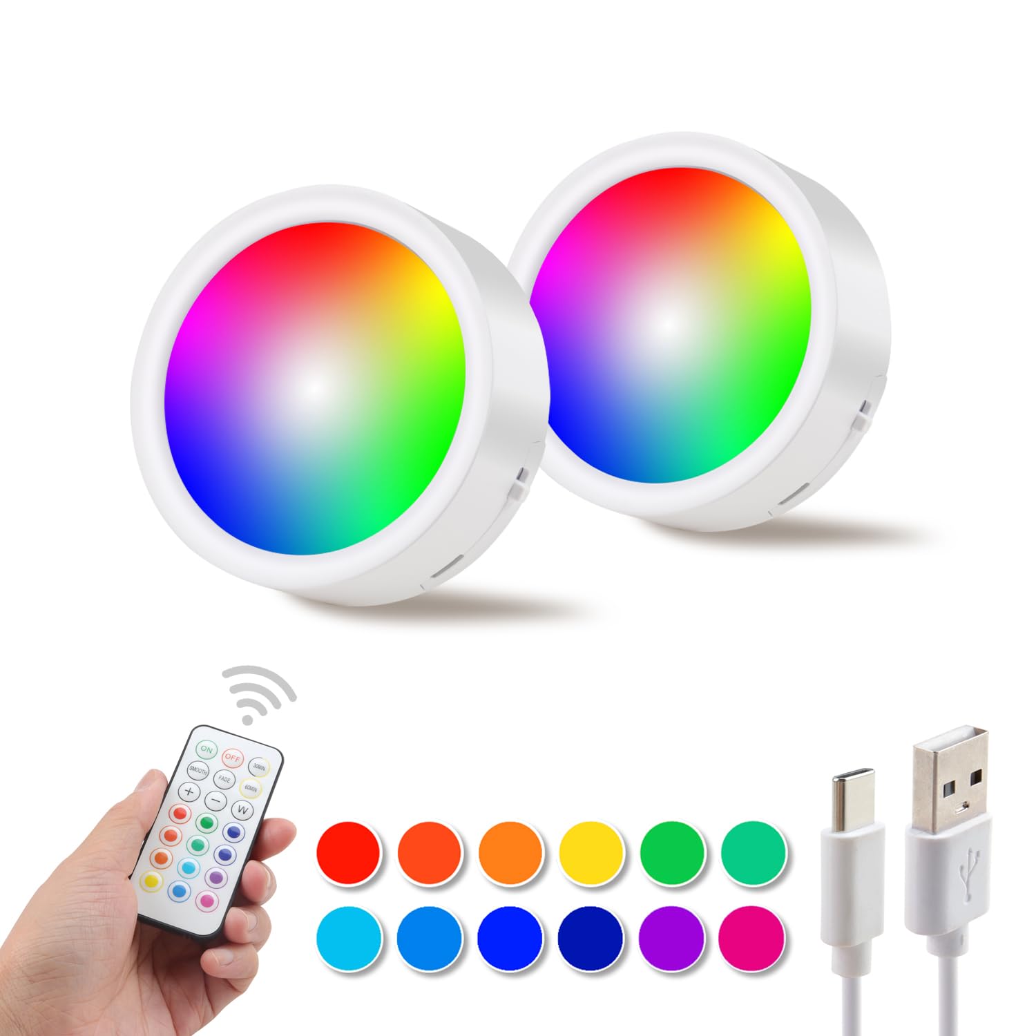 Dami Under Cabinet Lighting With Remote Control, Rechargeable Battery Operated Wireless Shelf Lights, Under Cabinet Lights Stick On Tap, Color Changing Puck Lights For Kitchen, 2 Pack, White