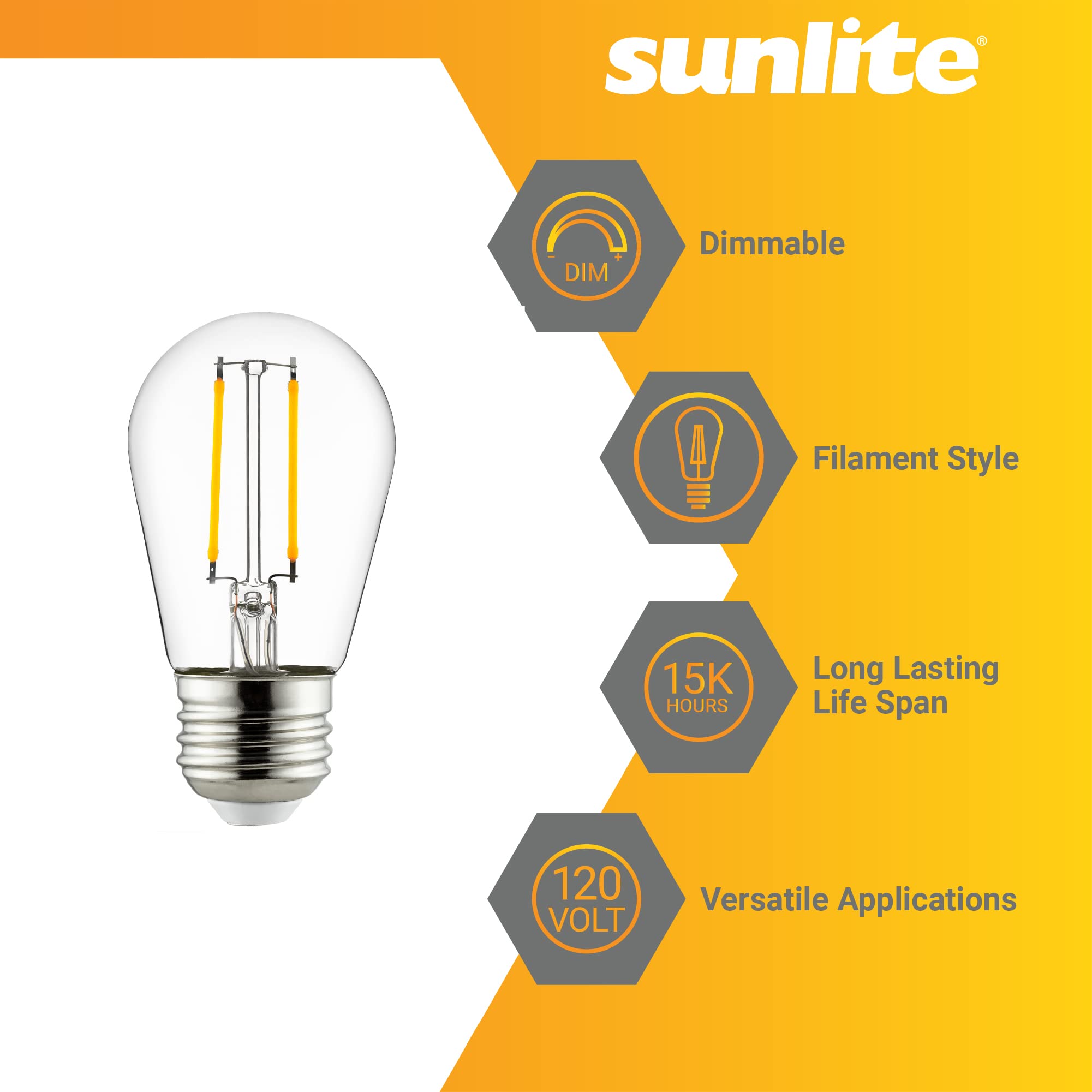 Sunlite LED S14 Filament Bulb, Dimmable, 2W (25W Equivalent), 200 Lumens, Medium Base (E26), 2700K Warm White,