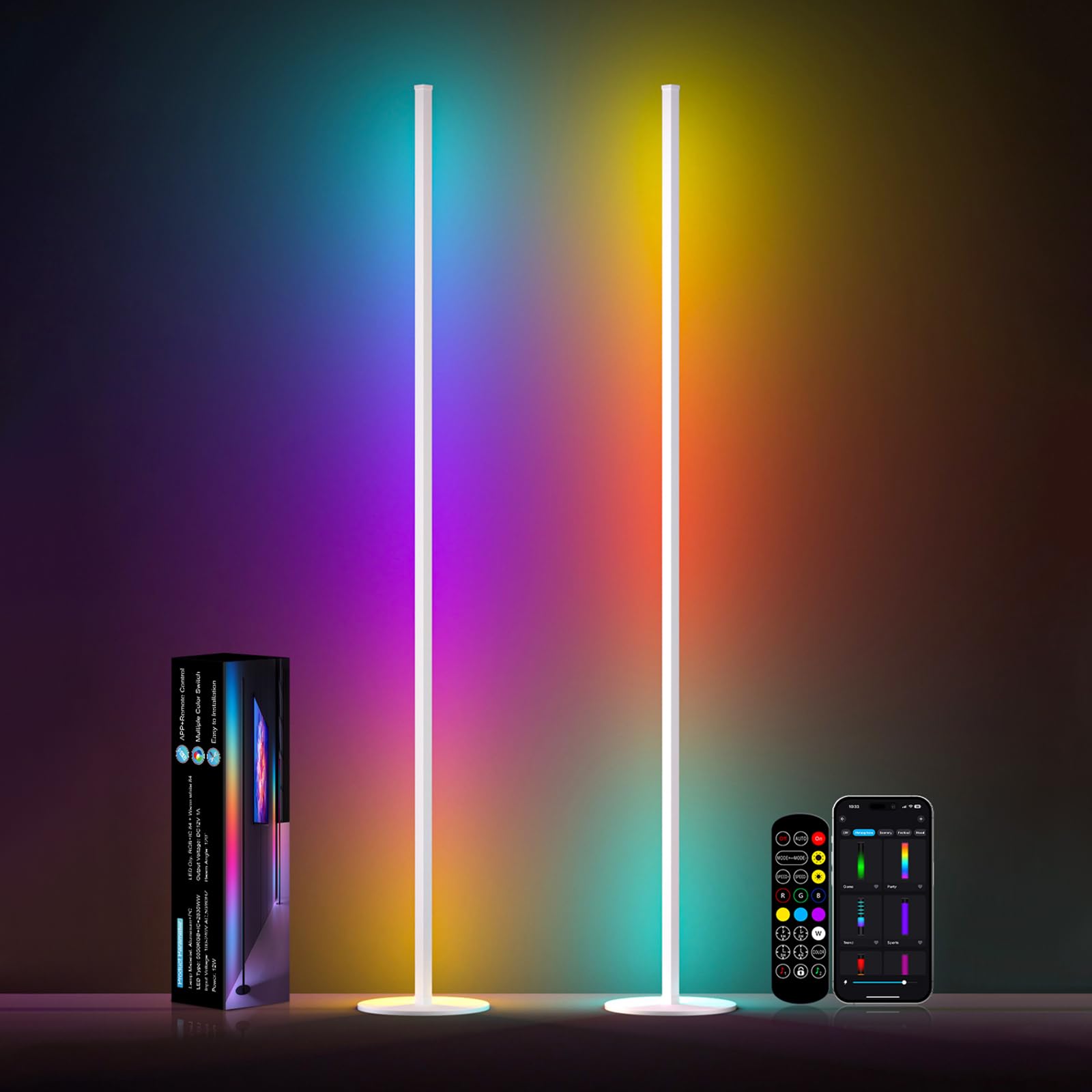White Corner Floor Lamp 1 Pair, LED Corner Lamp with Remote Control, APP Control 16 Million Colors, Timing, Color Changing Ambie