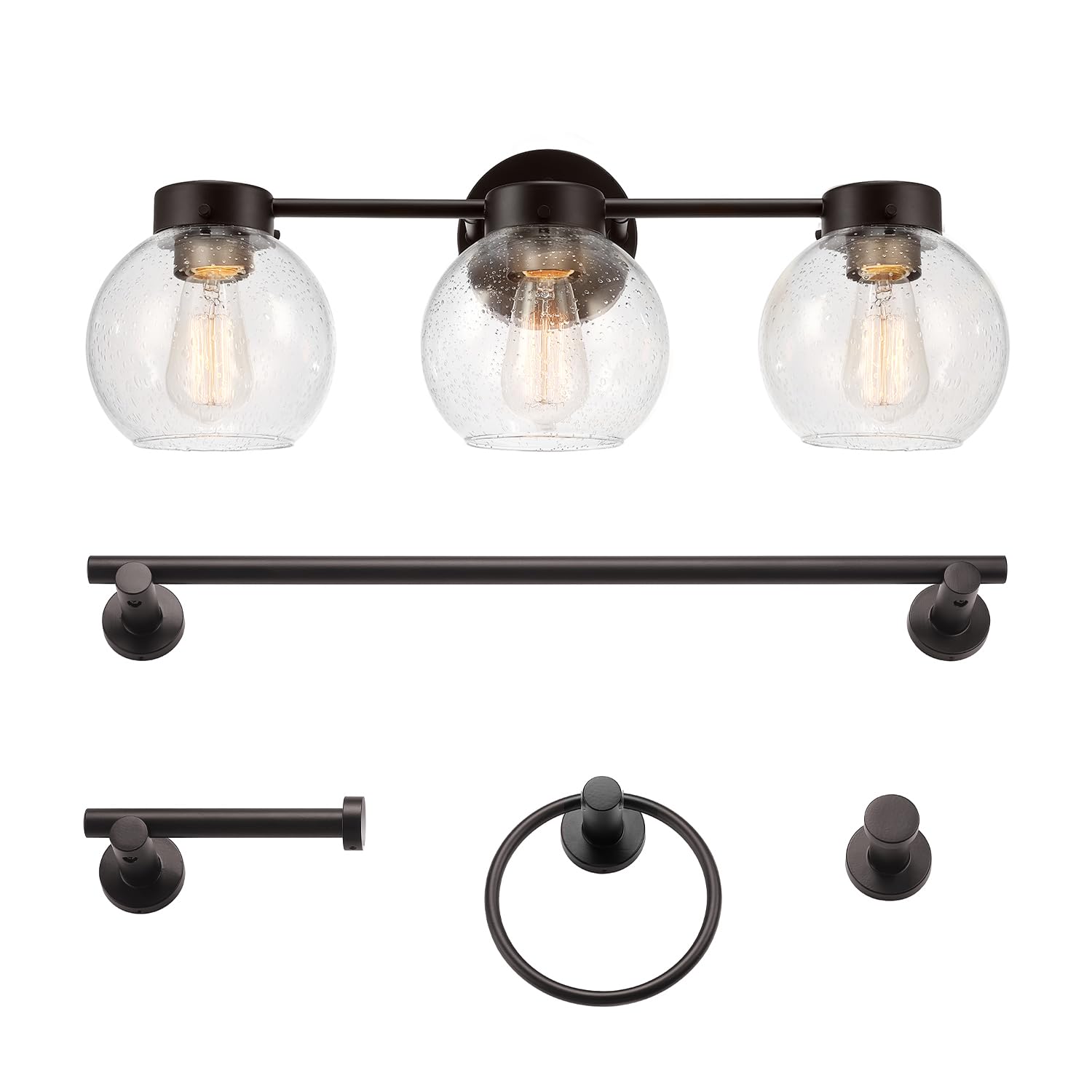 Globe Electric 63000202 5-Piece All-In-One Bathroom Accessory Set With 24'' 3-Light Vanity Light, Dark Bronze, Seeded Glass Shad