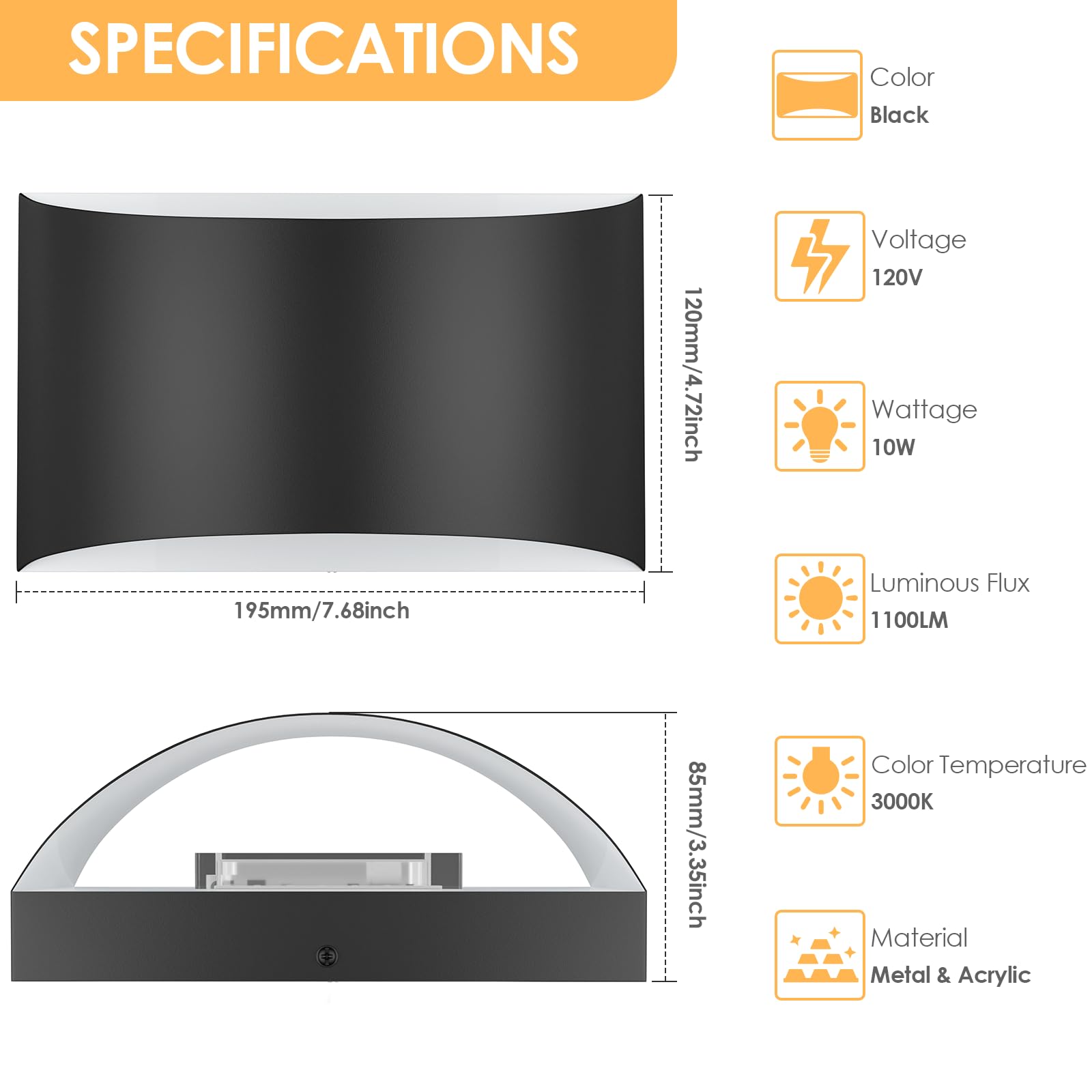 FOLKSMATE Modern LED Wall Sconces Set of 2, 10W Up & Down, 3000K Warm White, Matte Black, 7.68 Inch, Hardwired